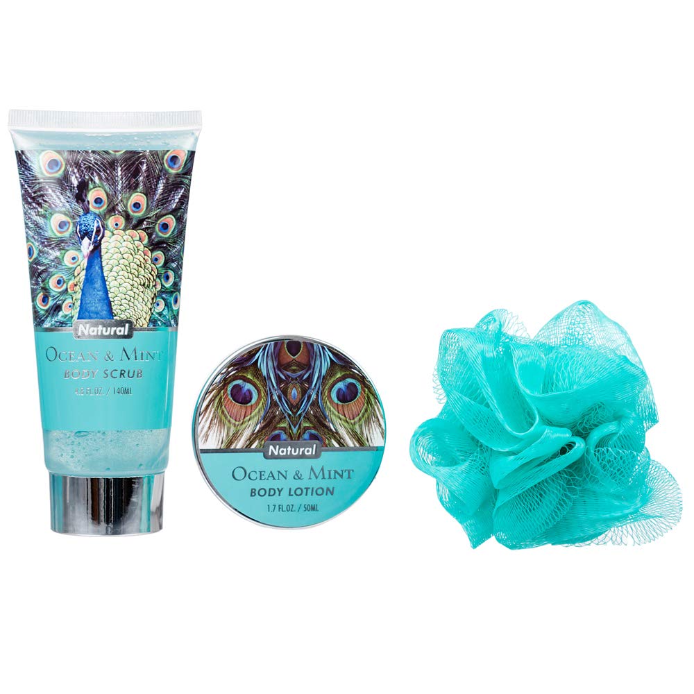 5-Piece Ocean Mint Peacock Gift Set for Body & Bath - Includes Body Lotion, Shower Gel, Bubble Bath, Body Scrub & Bath Puff | Spa Day, Relaxation, Self-Care & Luxury Gift Idea