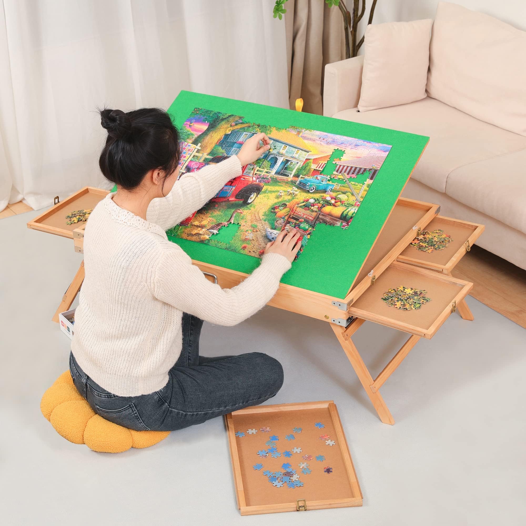 Fanwer Wooden Jigsaw Puzzle Table for Adults - Portable Large Puzzle Board with 2 Sliding Drawers, Tilting Surface & Non-Slip Design - Holds Up to 1000 Pieces - Perfect for Family Game Nights, Relaxation & Puzzle Enthusiasts