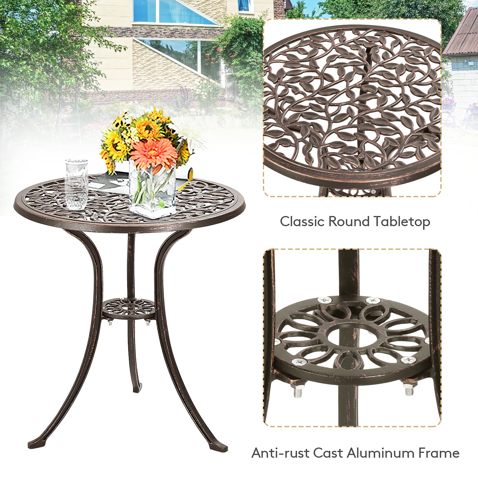 Tangkula 3-Piece Outdoor Bistro Set - Rust-Resistant Cast Aluminum Patio Furniture with Table & Chairs for Balcony, Backyard, Garden & Poolside - Perfect for Outdoor Dining, Lounging and Entertaining
