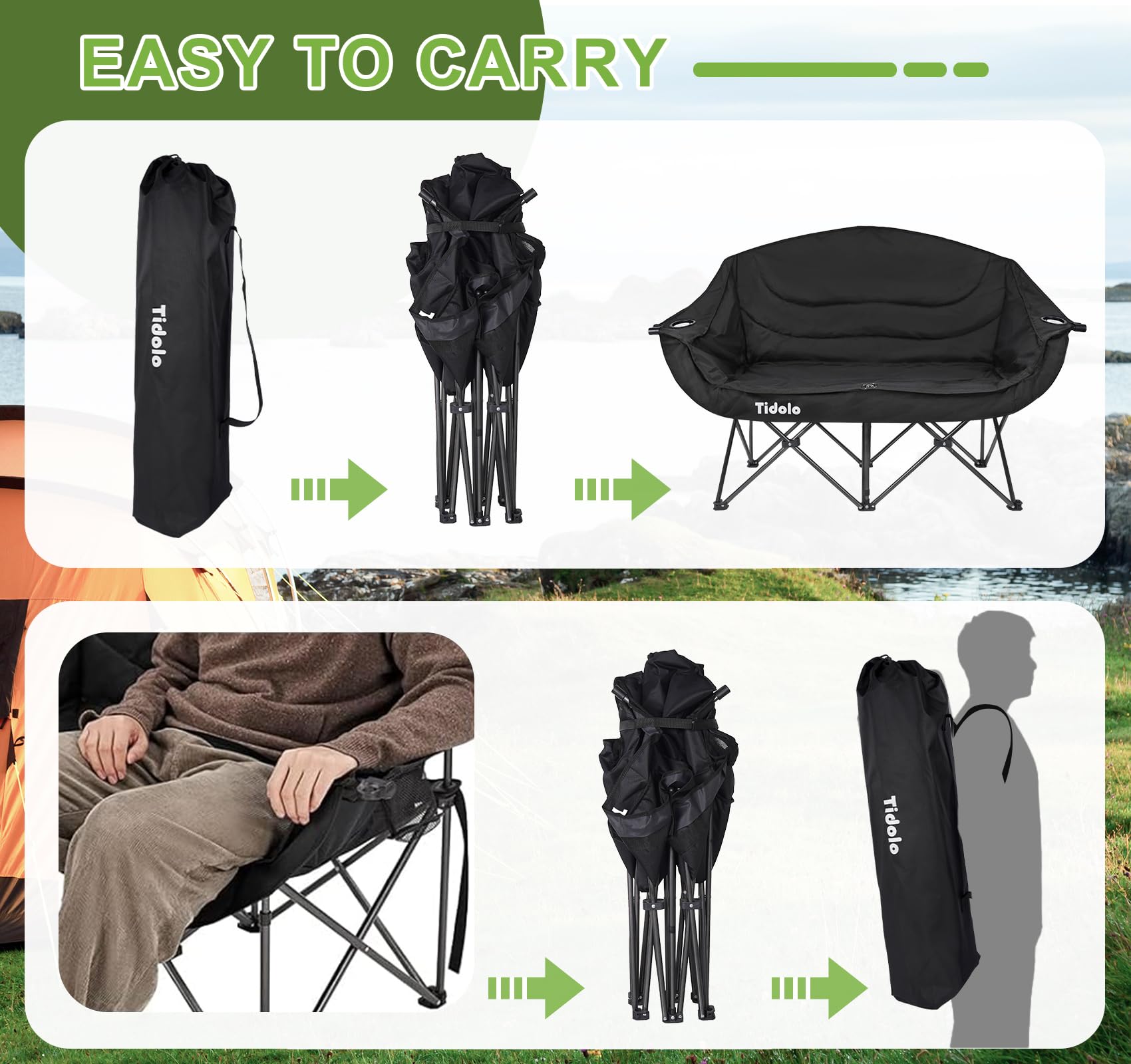 **2-Person Oversized Padded Folding Camping Chair for Adults – Heavy Duty 600LB Capacity, Double Loveseat with Cup & Wine Glass Holders – Perfect for Outdoor Camping, Picnics, Beach & Backyard Relaxation**