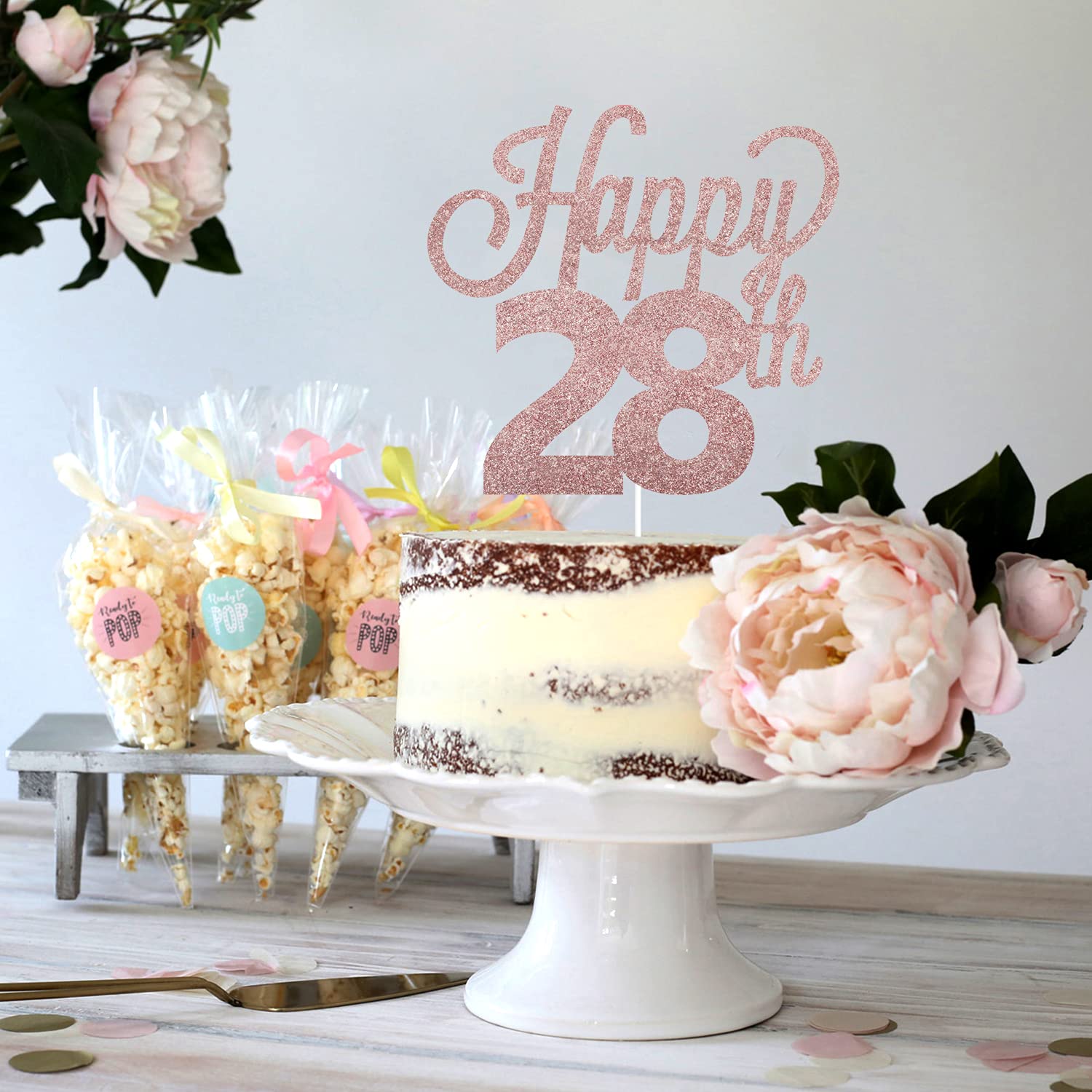 LINGTEER Happy 28th Birthday Cake Topper - Cheers to 28 Years Old Party Decor, Gold Foil Cake Centerpiece for Anniversary Celebration - Perfect for Birthday Parties, Milestone Events & Photo Backdrops