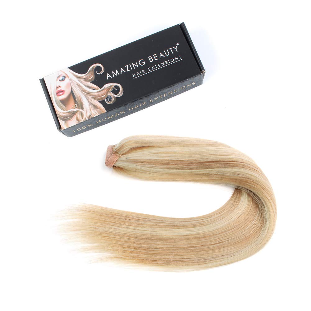 ABH AMAZINGBEAUTY HAIR Women's Ponytail Extension - 20 Inch Remy Human Hair with Dirty Blonde & Platinum Blonde Highlights (P12-60) - Easy Wrap Design - 100g - Perfect for Parties, Weddings & Everyday Styling
