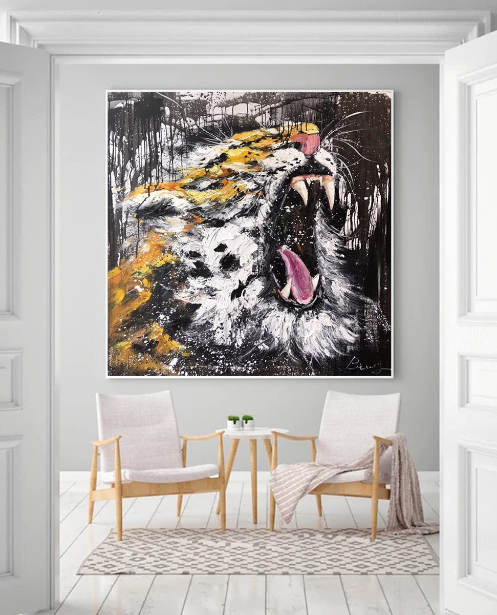 Handmade KSALPCH Tiger Original Oil Painting on Canvas - Animal Portrait, Modern Abstract Wall Art, Unstretched 36x36 Inches (92x92cm) - Perfect for Living Room Decor, Office Artwork & Unique Gift Ideas