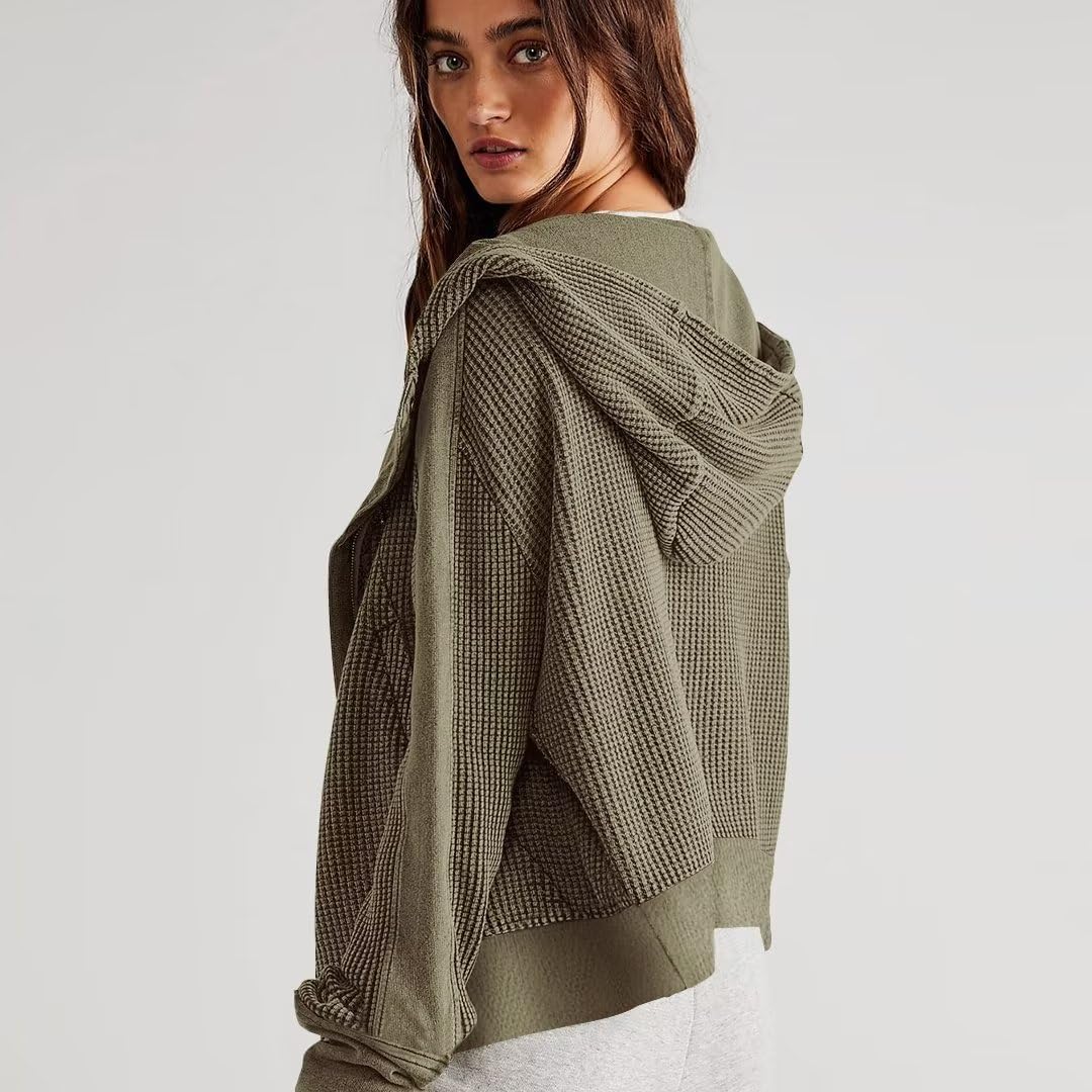 Y2K Womens Waffle Knit Hooded Sweater - Thermal Ribbed Sweatshirt with Button Details & Pockets | Cozy Casual Outerwear for Fall & Winter | Perfect for Streetwear, Layering & Coffee Dates
