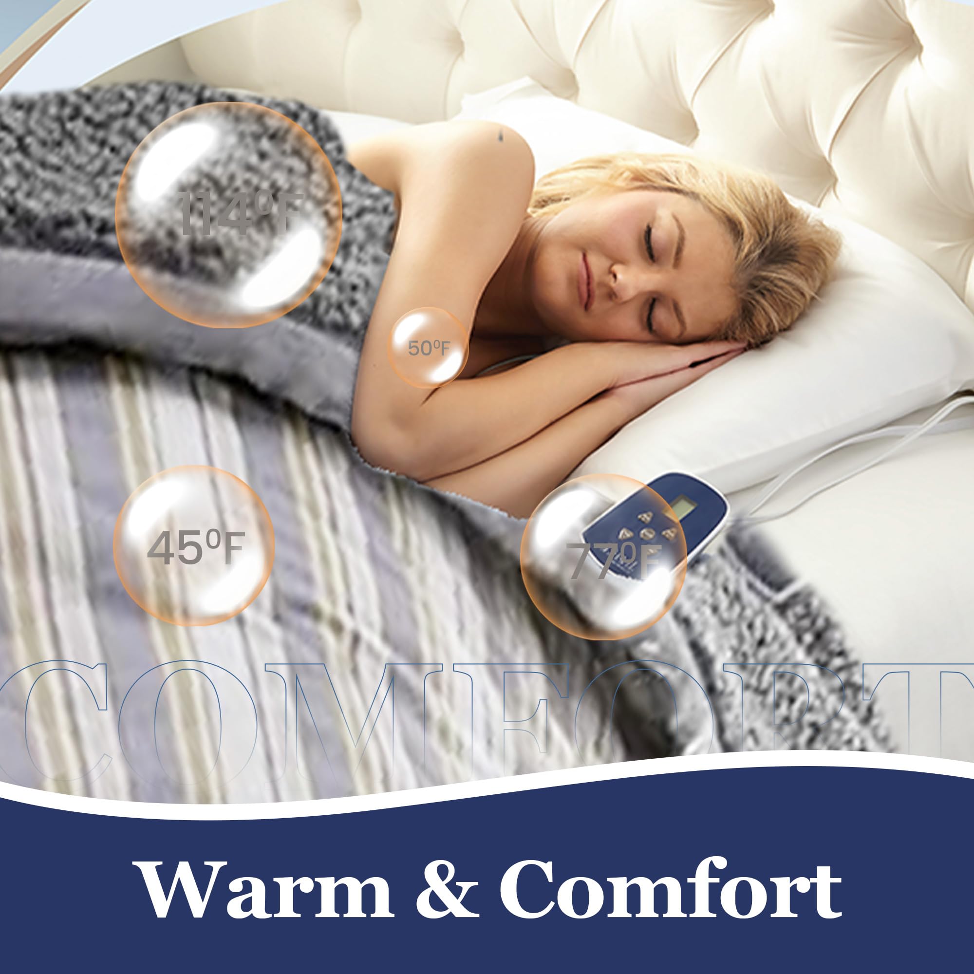 Thermee Micro Flannel Heated Blanket with Sherpa Back - 10 Heat Settings Queen Size Electric Blanket, Programmable Fast Heating Thermal Throw - Ultra Soft for Winter, Bed, Sofa & Office Use - City Stripe Design