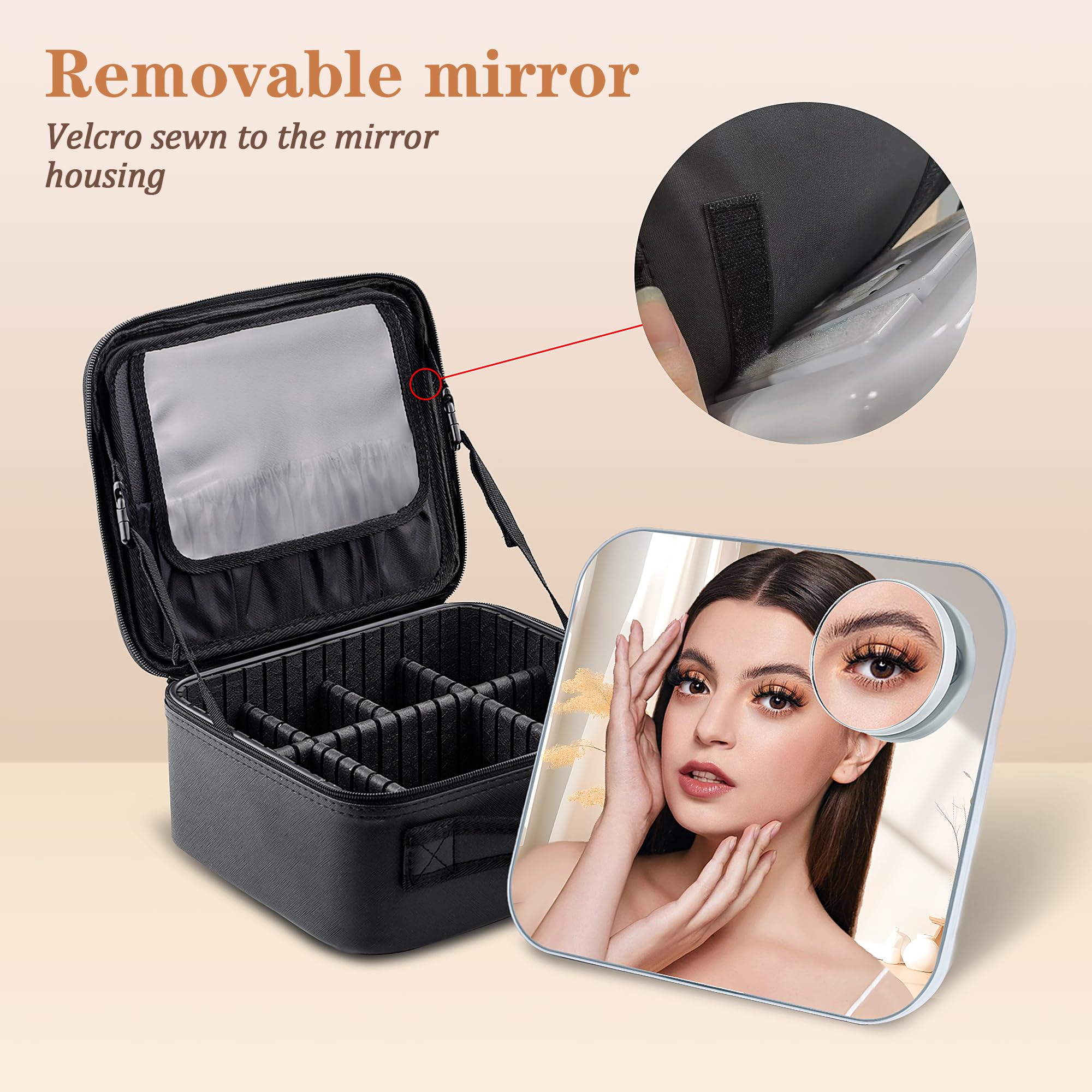 Makeup Bag with Mirror & 10x Magnification - Adjustable Dividers Cosmetic Organizer - Travel Makeup Case for Women (Black) - Perfect for Travel, Home & Salon Use