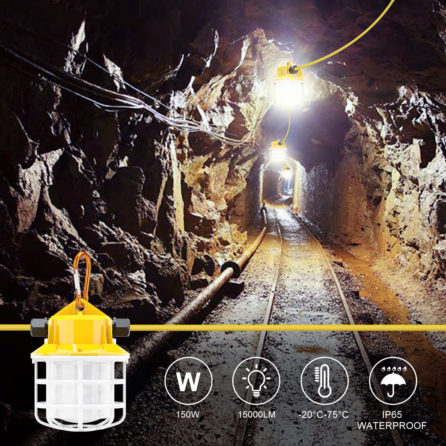 100ft LED Construction String Lights - 150W 15000LM Super Bright Work Lights for Renovation, Jobsite, Outdoor & Courtyard Lighting | Weatherproof Temporary Lighting Solution for Construction, Backyard Parties, and Events (10 Bulbs)