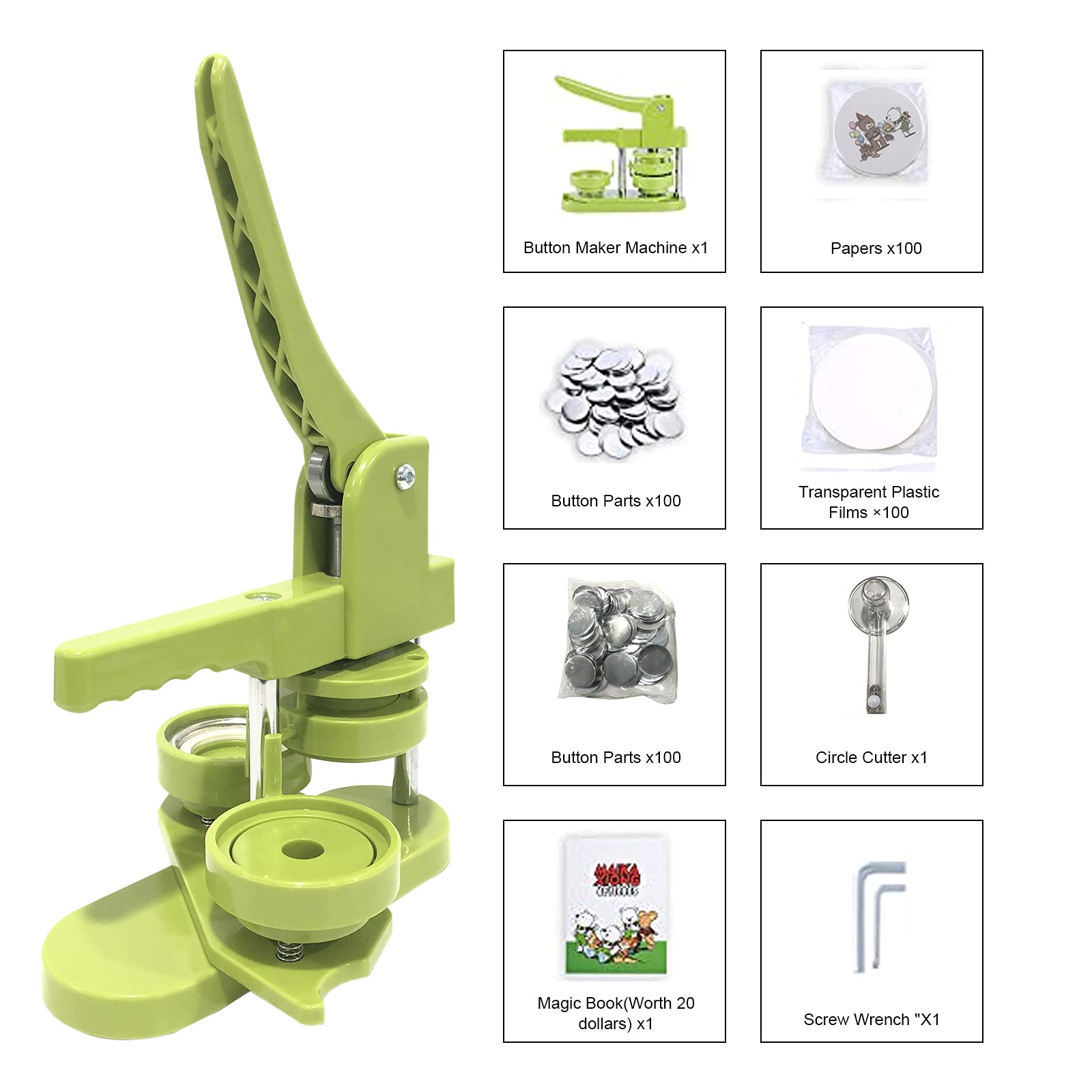 58mm (2.25in) Button Maker Machine & Badge Press Kit - Includes 100 Button Parts, Circle Cutter, Pictures & Magic Book - Perfect for DIY Crafts, School Projects, Party Favors and Custom Pins