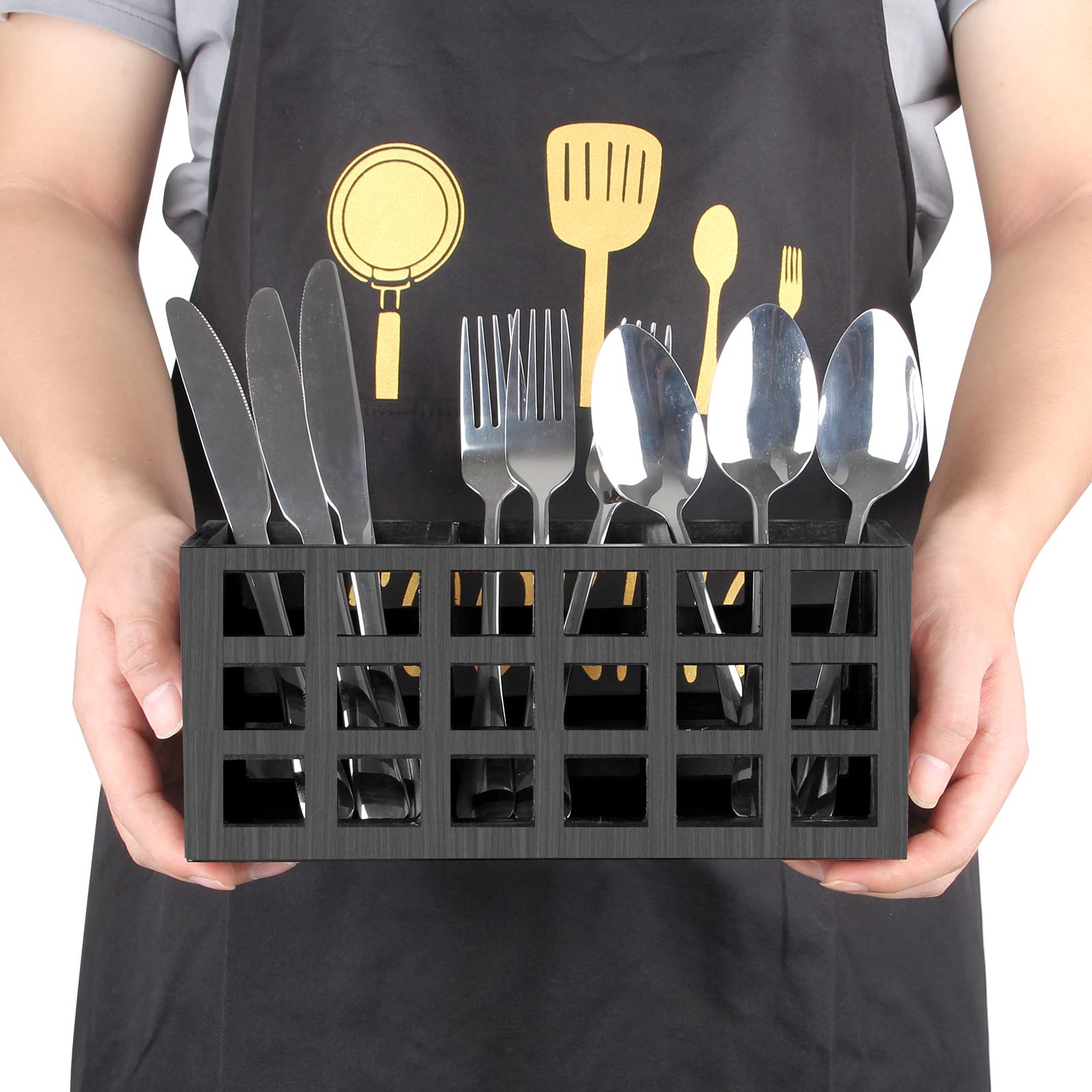 Farmhouse Wooden Silverware Caddy - Kitchen Countertop & Dining Table Utensil Organizer for Forks, Spoons, Knives - Rustic Cutlery Holder for Home, Party, Picnic & Outdoor Dining Storage