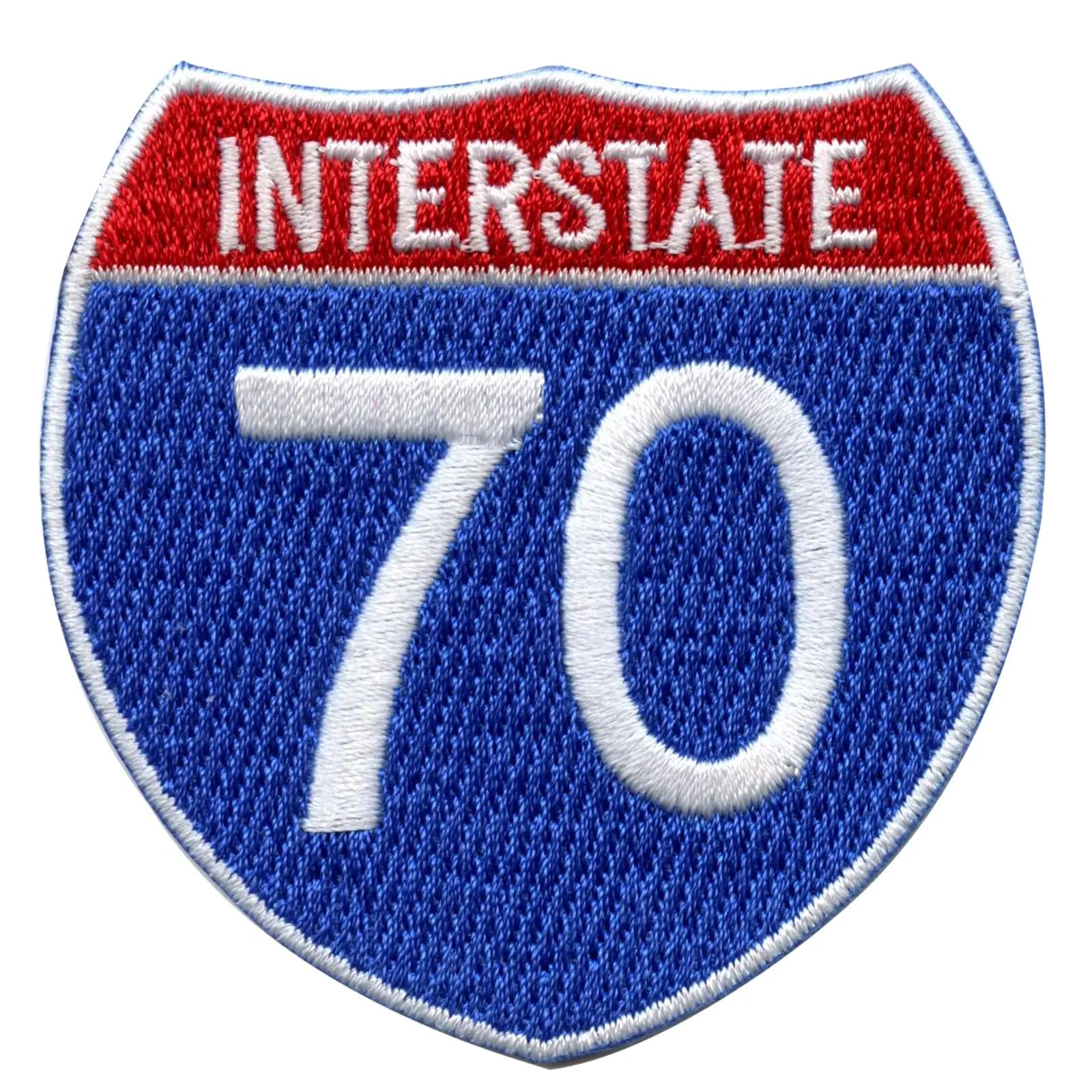 Interstate 70 Patch - I-70 Freeway Sign Embroidered Iron On Applique for Jackets, Bags & Hats - Road Trip & Travel Accessories