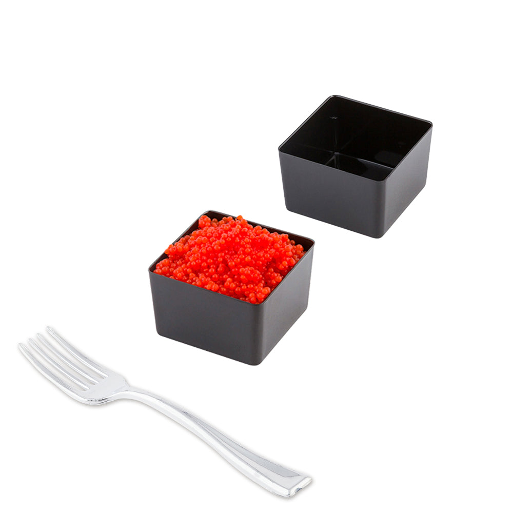 100 Pack 2 oz Square Black Plastic Short Quadrato Cups with 100 Silver Mini Plastic Forks - Perfect for Cocktail Parties, Desserts, and Small Bite Catering Events