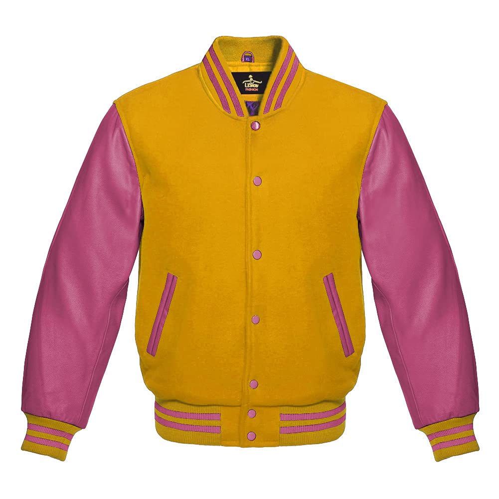 Premium Wool & Genuine Leather Varsity Jacket - Baseball Letterman Bomber with Pink Sleeves for School & College | Perfect for Sports Events, Casual Wear & Retro Fashion