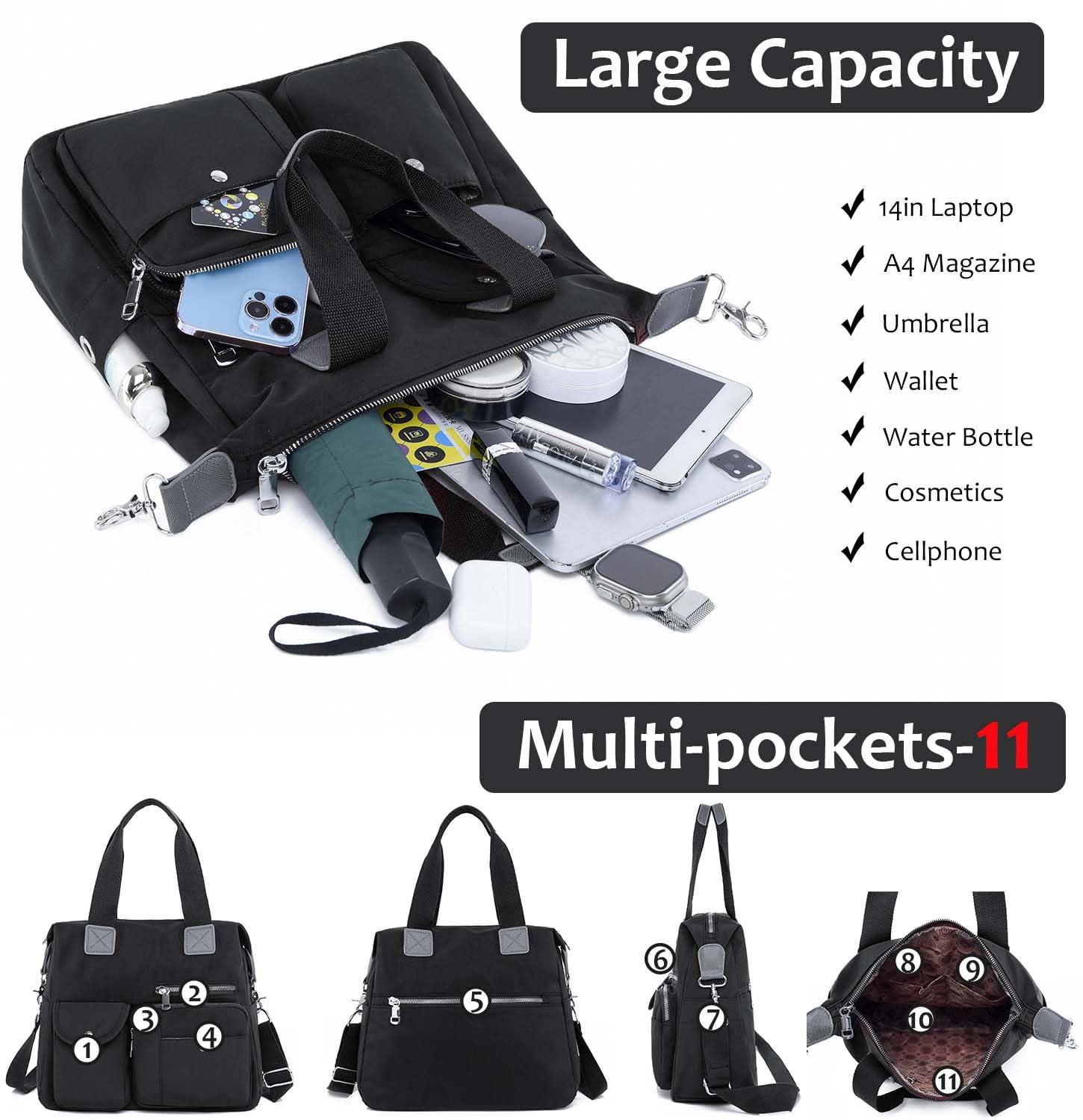 Women's Waterproof Nylon Utility Tote Bag with Multiple Pockets - Durable Shoulder Purse for Teachers, Nurses & Professionals | Perfect Work Bag, Travel Companion & Everyday Carryall