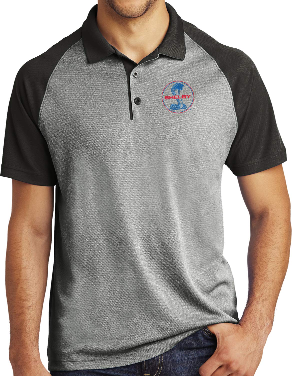 Ford Mustang Shelby Blue & Red Raglan Polo Shirt - Men's Classic Car Enthusiast Apparel for Casual Wear & Car Shows