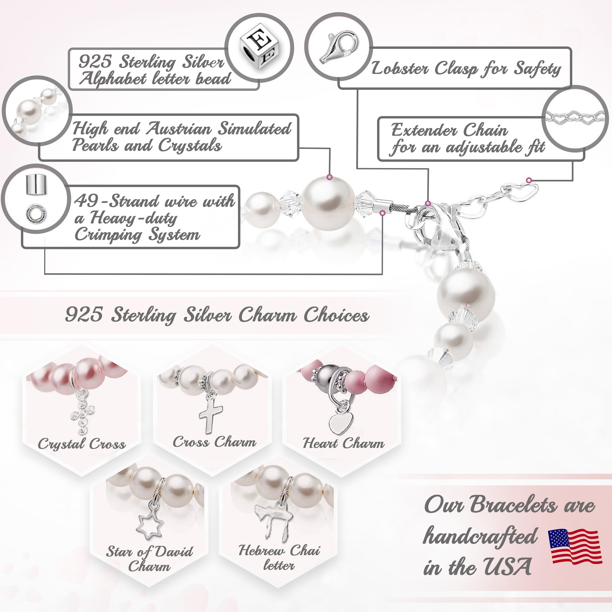 Personalized Sterling Silver Initial Alphabet Beads Name Bracelet for Girls - White & Pink Pearl Birthday Gift, Baptism Present, Jewelry for Special Occasions | Perfect for Birthdays, Christenings, and Everyday Wear