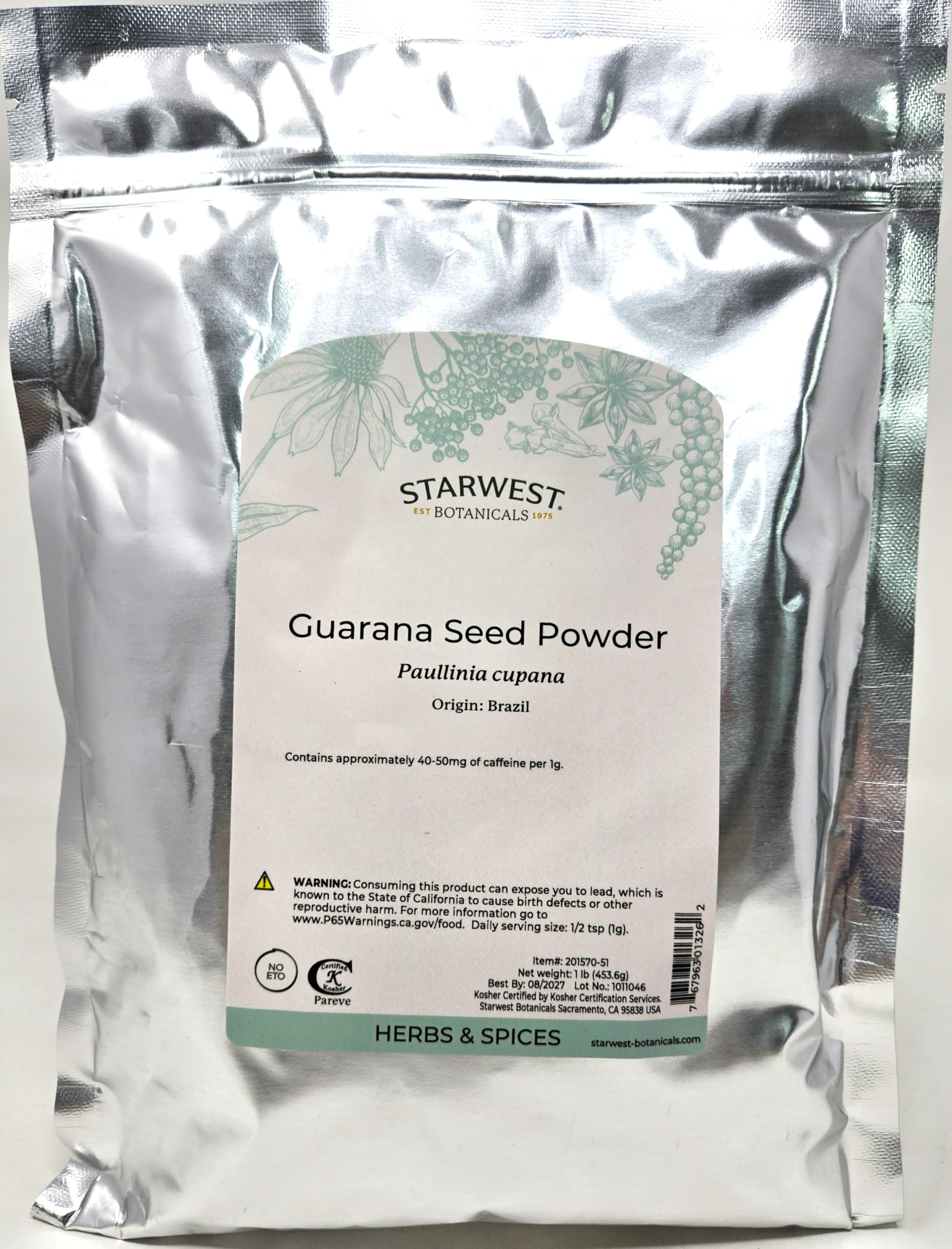 Organic Guarana Seed Powder by Starwest Botanicals - 1 lb (16 oz) | Natural Energy Booster, Caffeine Supplement for Focus & Workout Performance | Perfect for Smoothies, Pre-Workout & Herbal Tea