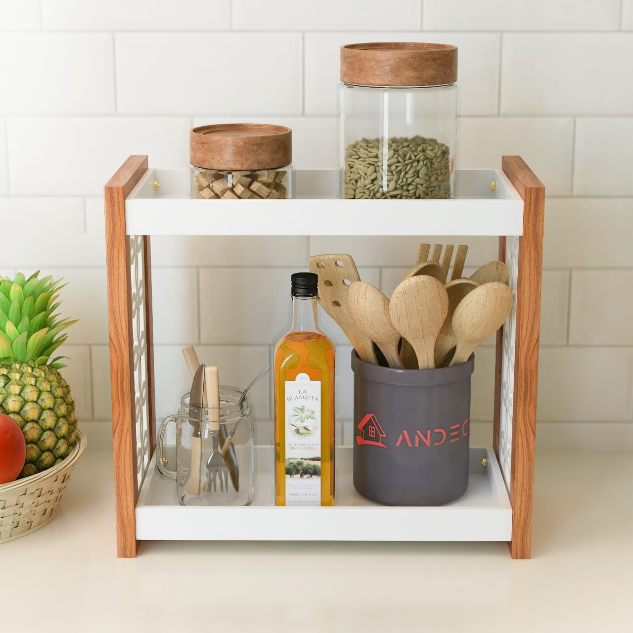 AnDecy 2-Tier Wooden Spice Rack Organizer - Countertop Kitchen Storage Shelf for Jars & Bottles - Perfect for Pantry, Spice Organization & Kitchen Decor