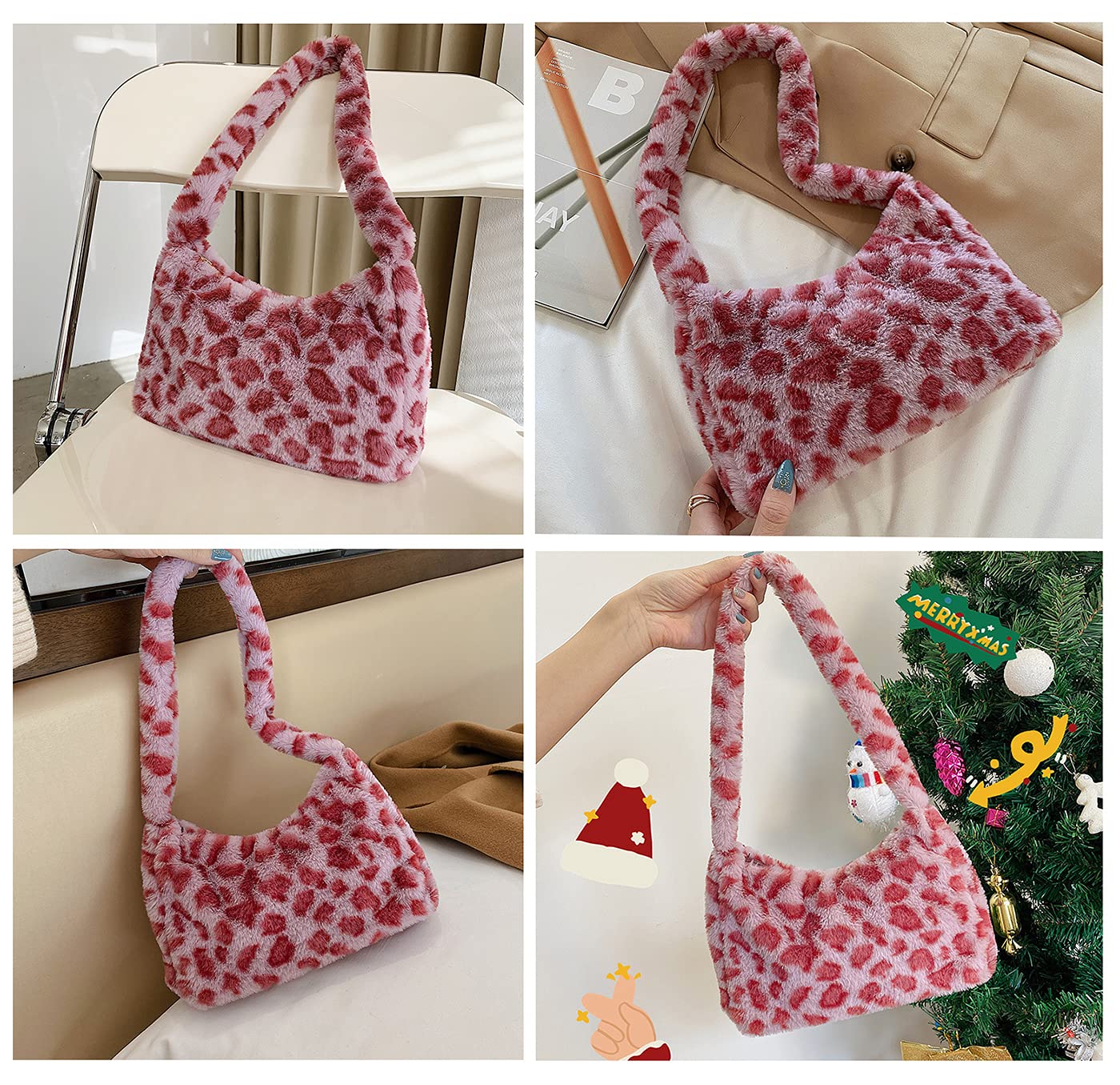 Women's Fluffy Faux Fur Cow Print Shoulder Bag - Fashionable Clutch Purse & Underarm Handbag with Zipper - Perfect for Parties, Date Nights & Casual Outings