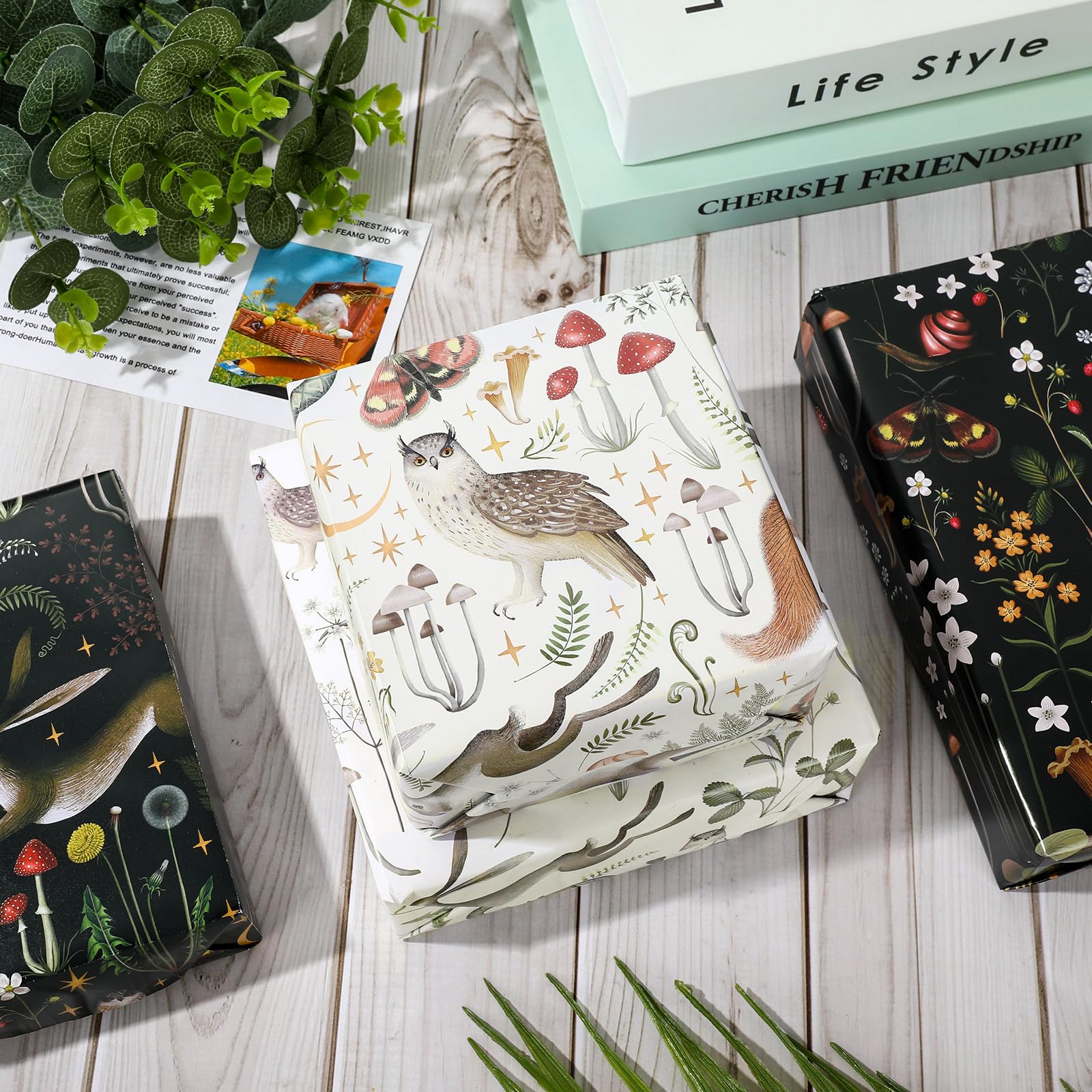 AnyDesign 12 Sheets Vintage Wrapping Paper - Animal & Mushroom Print Gift Wrap Paper Bulk (4 Retro Botanical Designs, 19.7