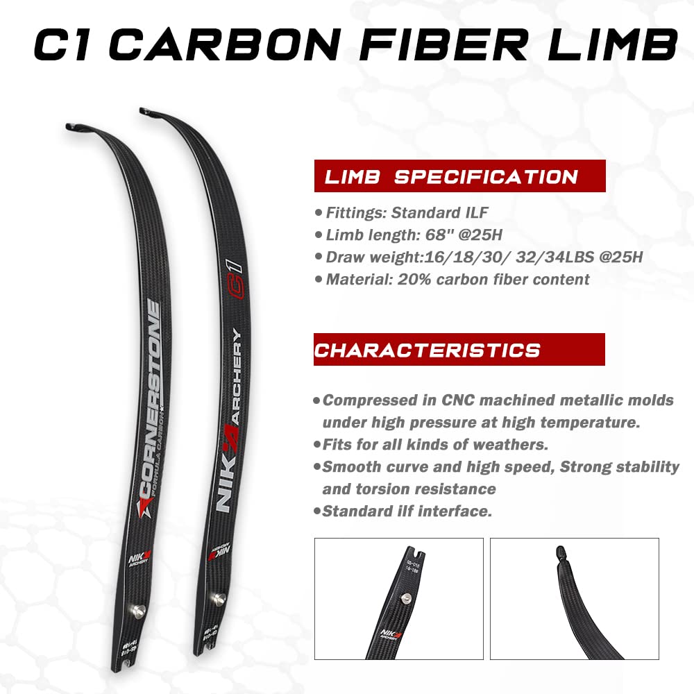 NIKA ARCHERY Recurve Bow Limbs Set - Carbon Fiber Limbs 16-30lbs for Beginners | Target Practice & Outdoor Hunting Accessories | Perfect for Archery Training, Competition & Recreational Shooting