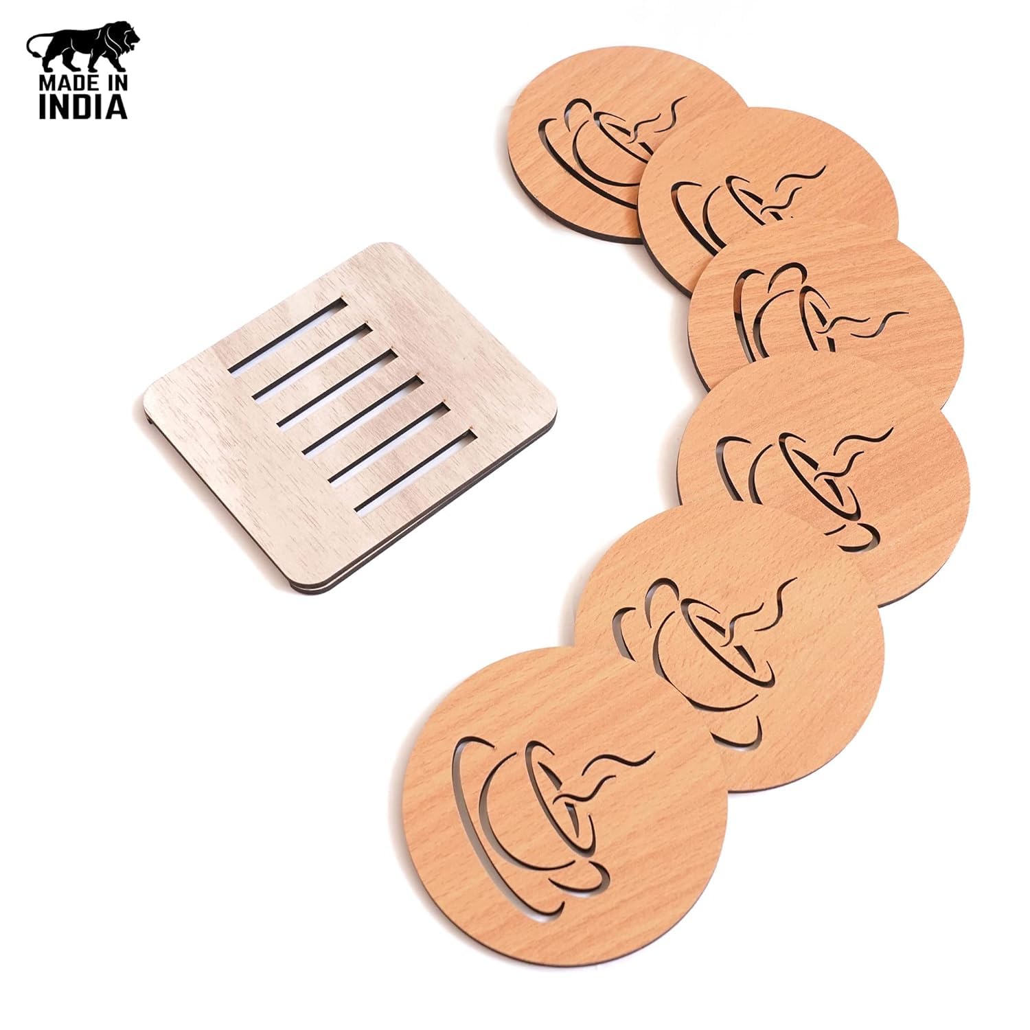 KERMIS Wooden Coaster Set of 6 with Stand - Absorbent Drink Coasters for Coffee, Tea & Glasses - Protects Furniture from Water Rings & Stains - Perfect Dining Table Decor & Housewarming Gift (9.5 x 9.5 cm) - Ideal for Home, Office, Restaurants & Coffee Shops