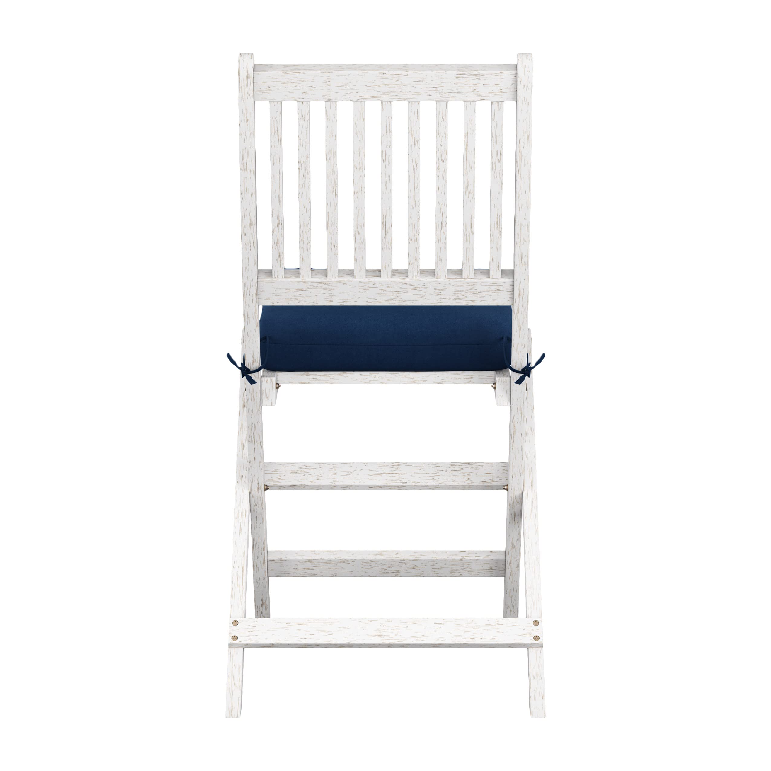 CorLiving Miramar White Wood Folding Patio Chairs with Blue Cushions - Set of 2 Outdoor Dining Chairs for Garden, Poolside, and Backyard Relaxation