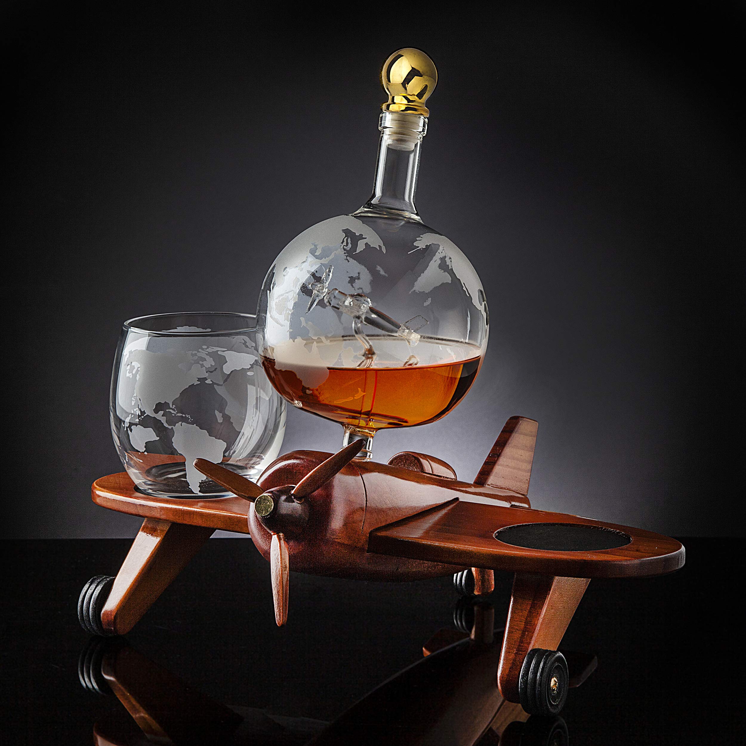 Premium Godinger Whiskey Decanter Airplane Globe Set with 2 Crystal Whiskey Glasses - Luxury Scotch Bourbon Vodka Liquor Gift Set for Home Bar, Office & Special Occasions