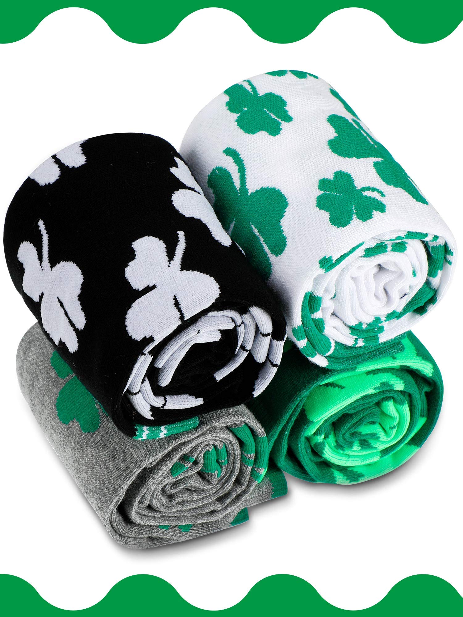 Geyoga 4 Pairs St. Patrick's Day Knee High Stockings - Shamrock Clover Irish Costume Socks for St. Patrick's Day, Mardi Gras, Halloween & Cosplay Parties - Festive Daily Wear Socks for Women & Girls