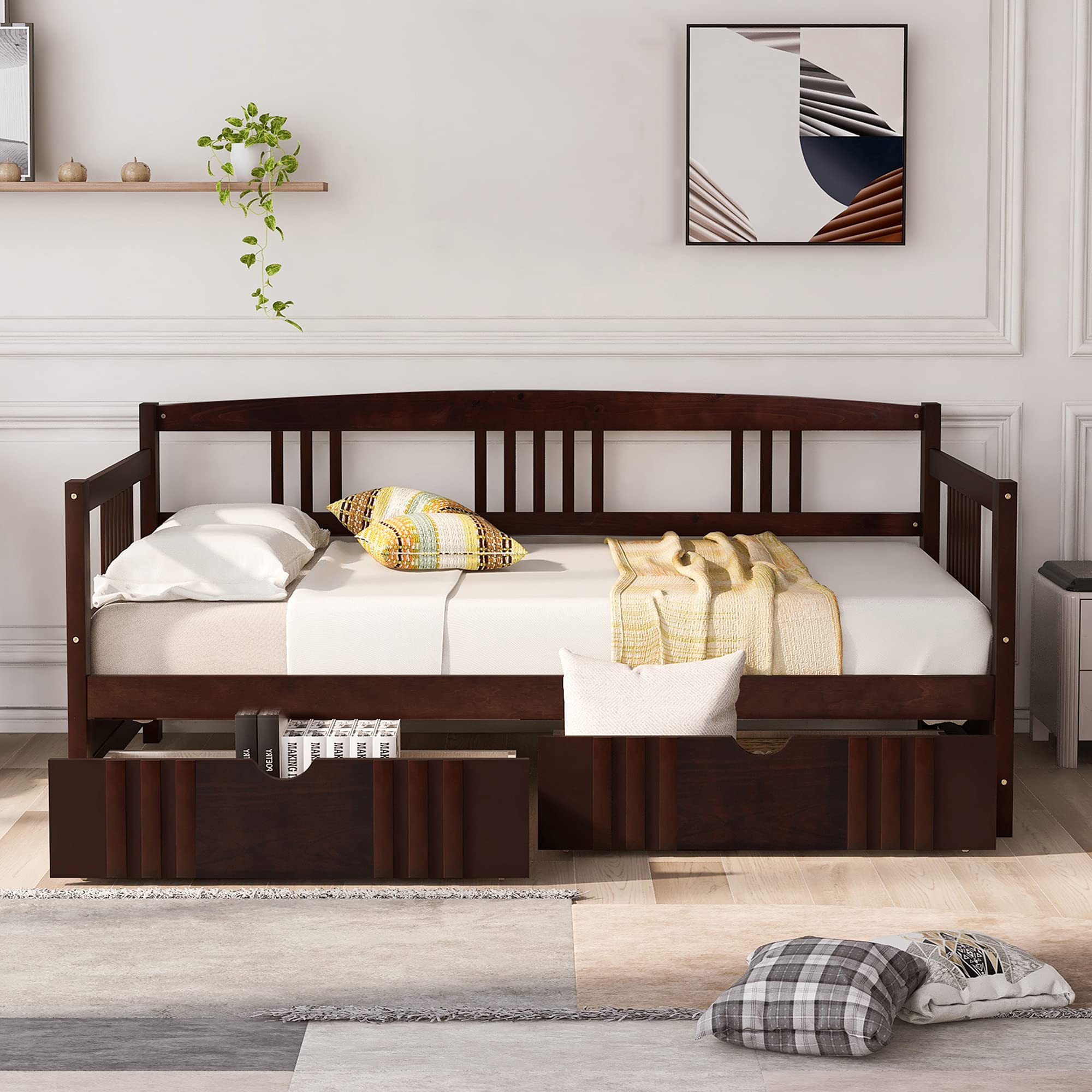 P PURLOVE Twin Size Wooden Daybed with Rails & Drawers - Modern Espresso Finish, Solid Wood Slat Support - Perfect for Guest Rooms, Small Spaces & Multi-Functional Living Areas