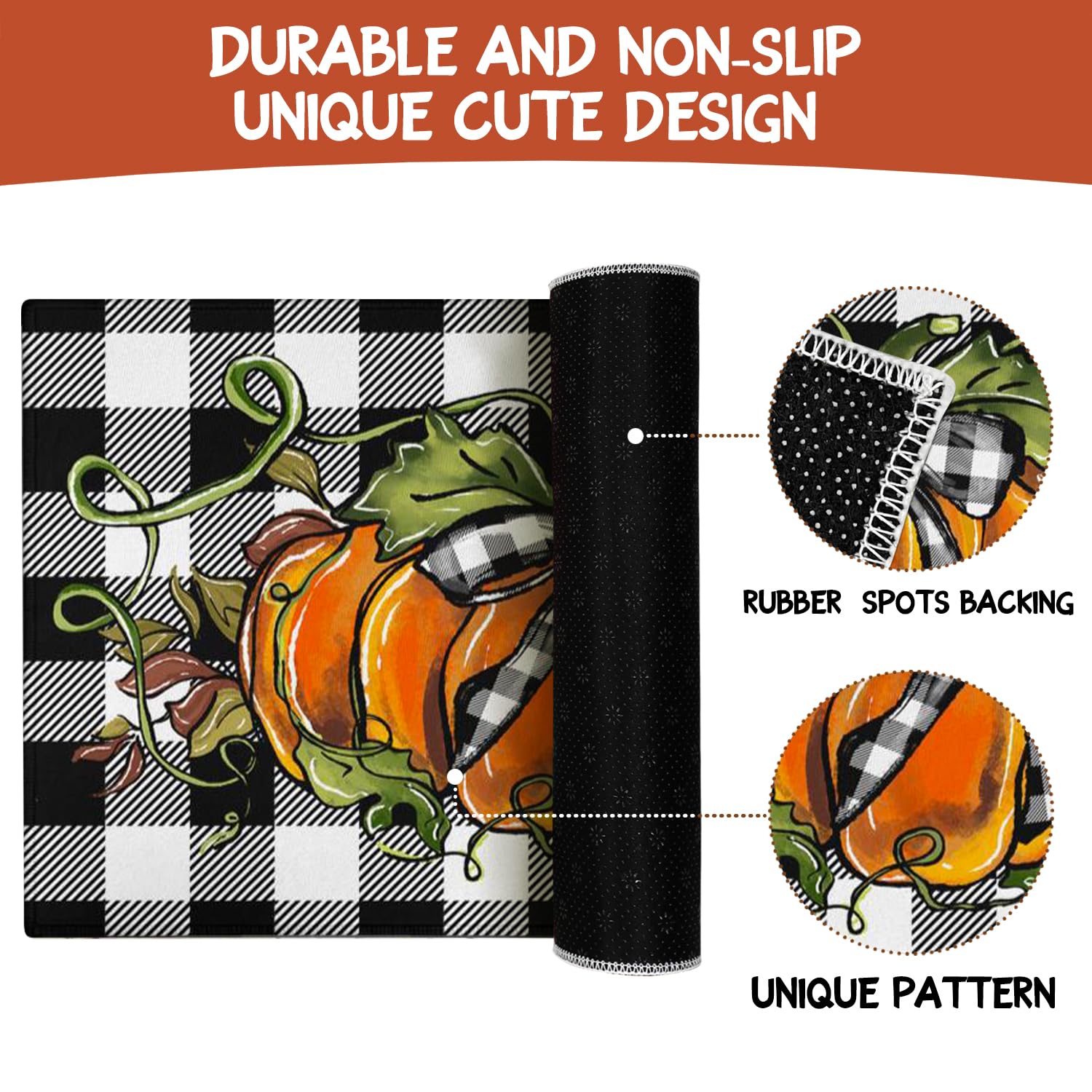 Faptoena Fall Pumpkin Kitchen Rugs Set of 2 - Non-Slip Washable Buffalo Plaid Thanksgiving Mats for Farmhouse Decor (17x47 + 17x30) - Perfect for Autumn Kitchen Flooring and Cozy Home Decorations