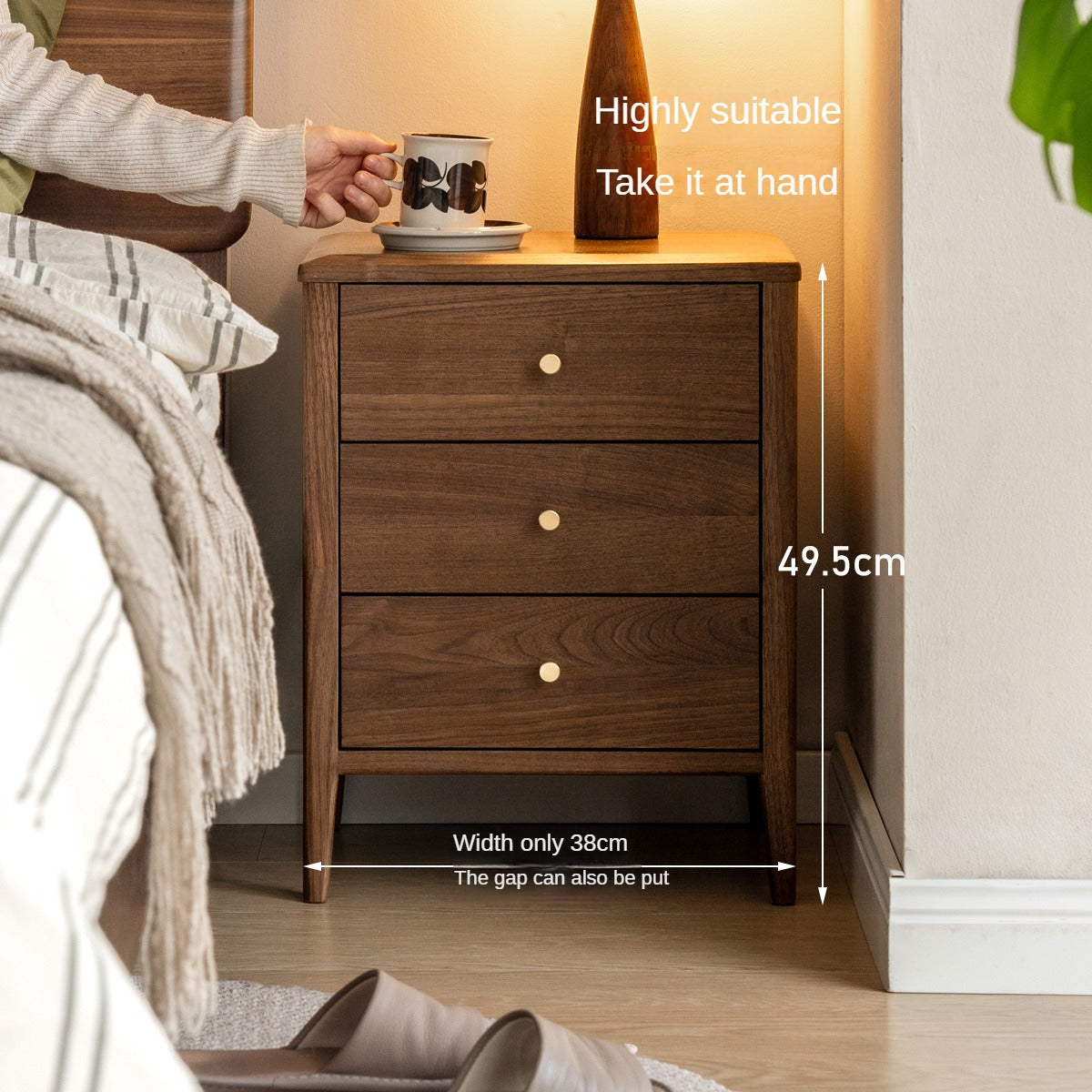 Premium Black Walnut Solid Wood Nightstand - Modern Nordic Style Bedside Table for Bedroom, Living Room & Office Furniture