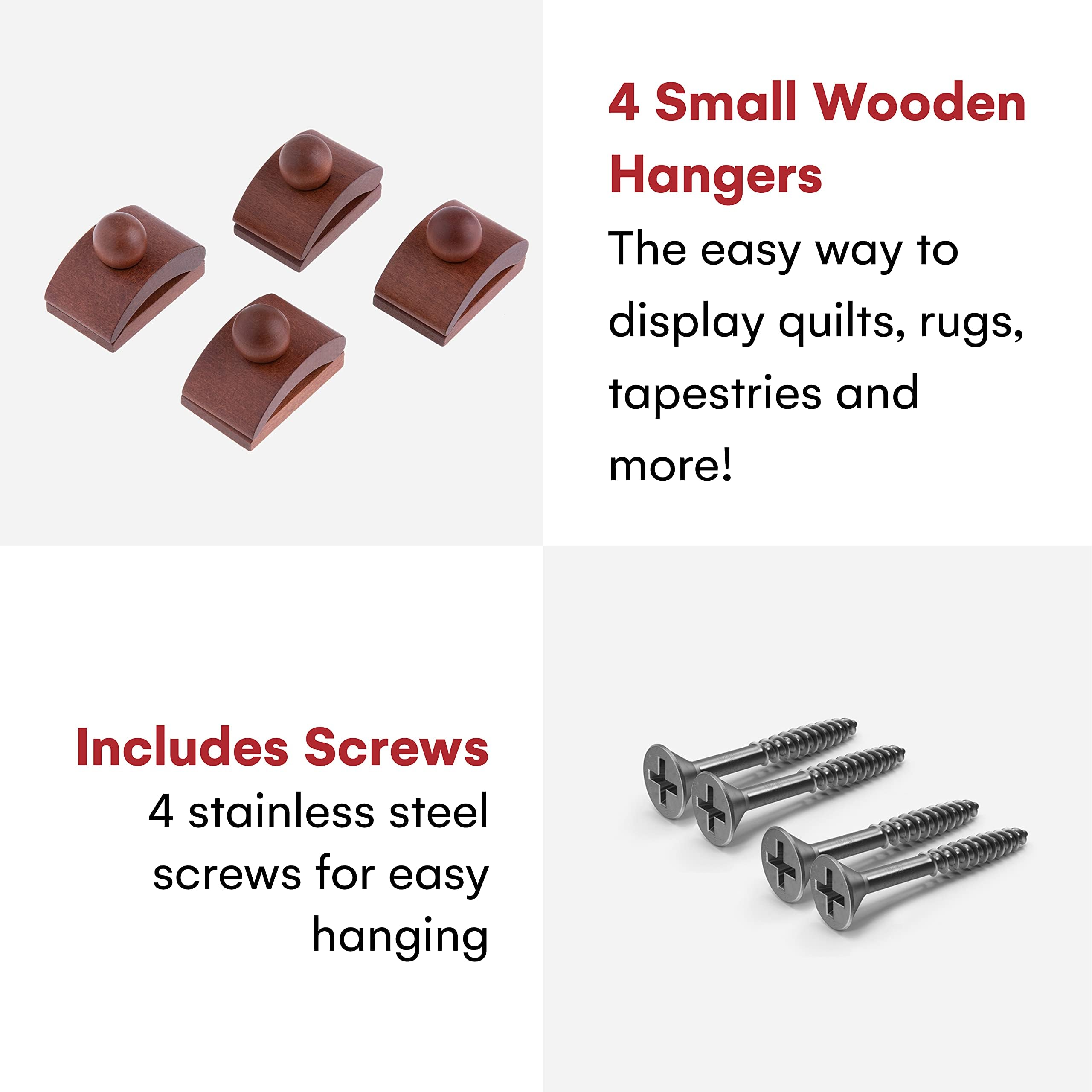 Wooden Quilt Hangers with 4 Small Dark Clips and Screws - Wall Mounted Tapestry & Quilt Display Hangers for Home Decor, Bedroom, Living Room, Gallery - Durable Quilt Clips for Hanging Blankets, Art, and Fabric Wall Decor