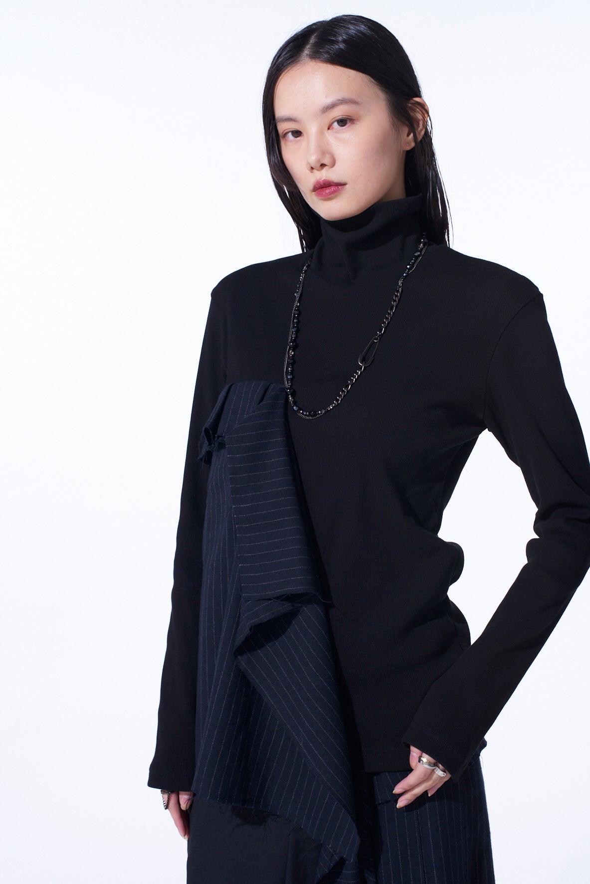 Premium Cotton Rib Jersey Long Sleeve High Neck T-Shirt with Pleated Stripes - Women's Fashion Basic Top for Casual Wear & Layering