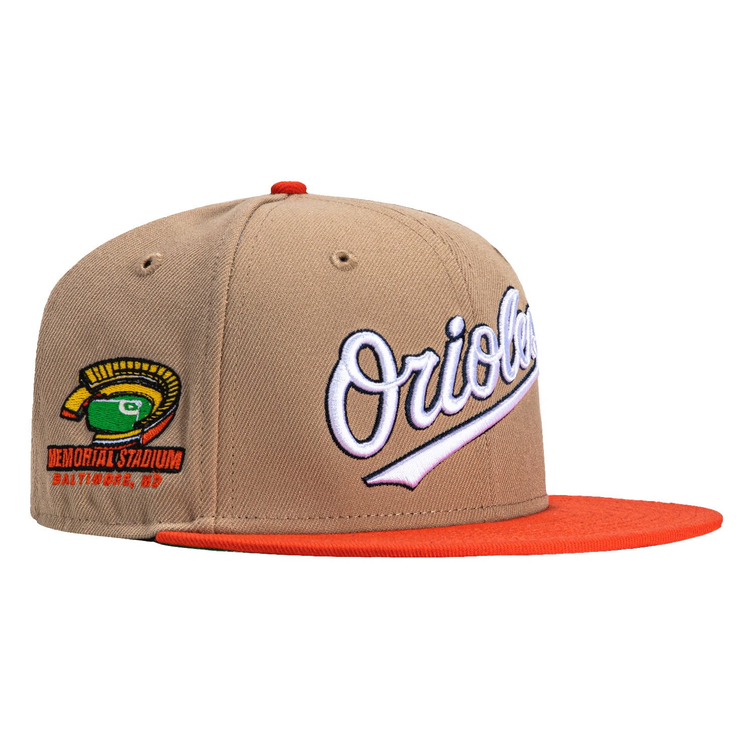 New Era 59Fifty Baltimore Orioles Memorial Stadium Patch Word Hat - Tan & Orange Baseball Cap for Men & Women - Perfect for MLB Games, Sports Events & Casual Wear