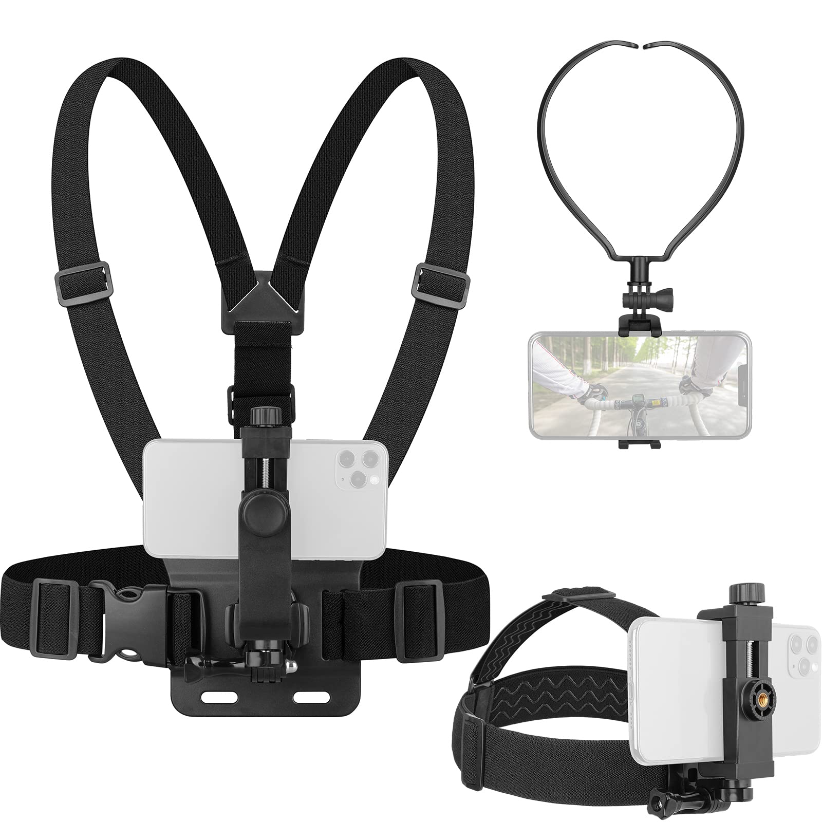 ChromLives 3-in-1 Hands Free Phone Mount Set - Adjustable Neck, Head & Chest Strap Holder for iPhone, GoPro Hero & Smartphones - Perfect for Running, Cycling, Hiking & Outdoor Activities