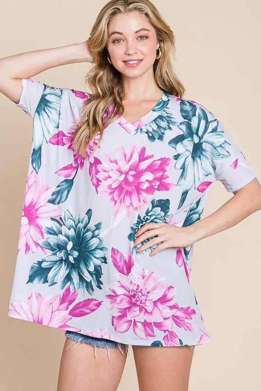 BOMBOM Floral Print V-Neck Short Sleeve T-Shirt for Women - Summer Casual Top, Beach Outfit, Date Night Shirt
