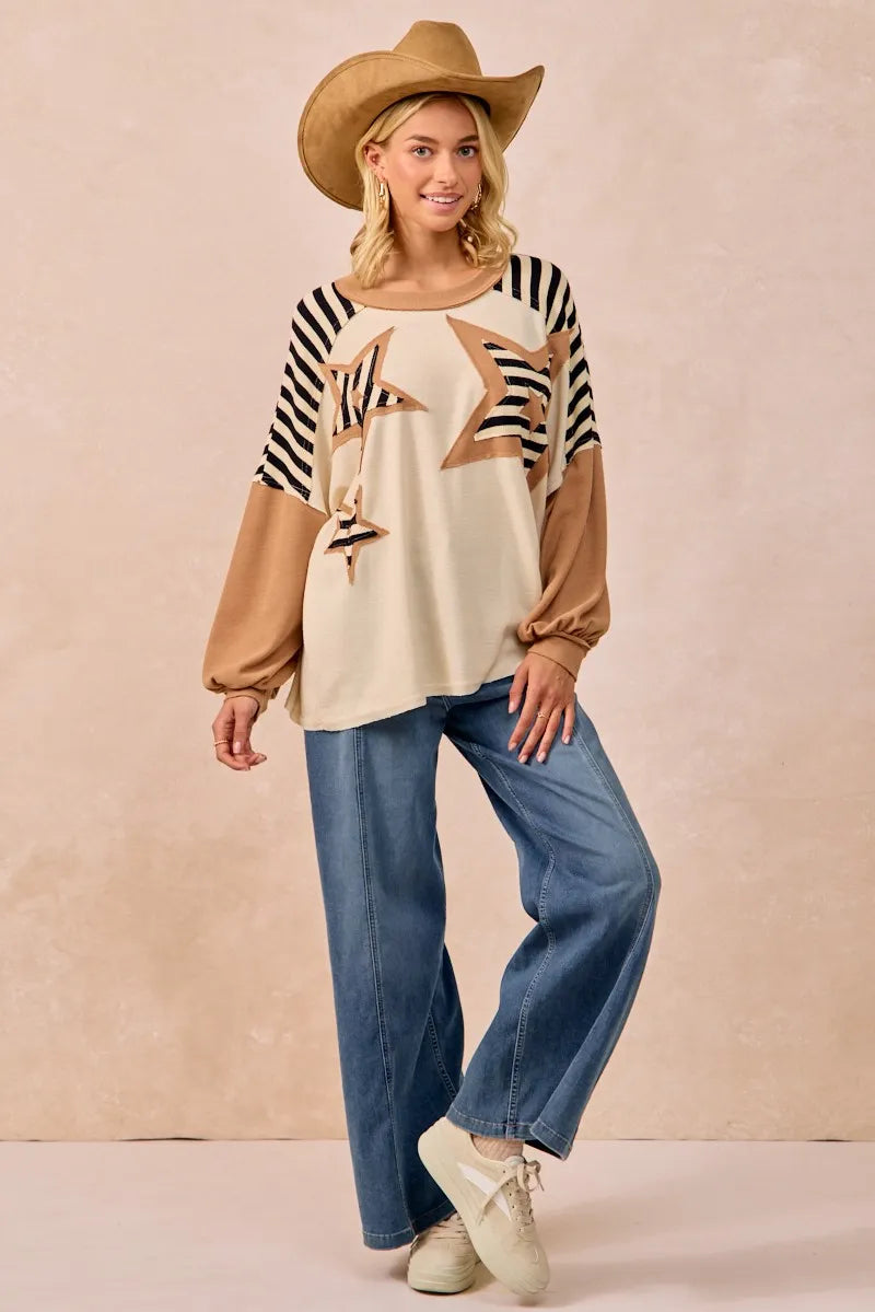 BiBi Star Patchwork Mixed Long Sleeve Top for Women - Stylish Boho Chic Blouse for Casual Wear, Date Night & Office Outfits