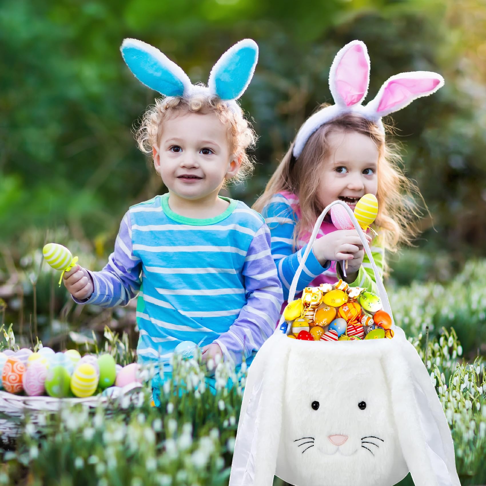 Personalized Plush Easter Bunny Basket - Monogrammed Bunny Easter Bucket with Long Soft Ears for Egg Hunting, Candy Storage & Easter Decorations - Perfect Easter Gift Bags for Kids, Easter Party Favors & Spring Celebrations