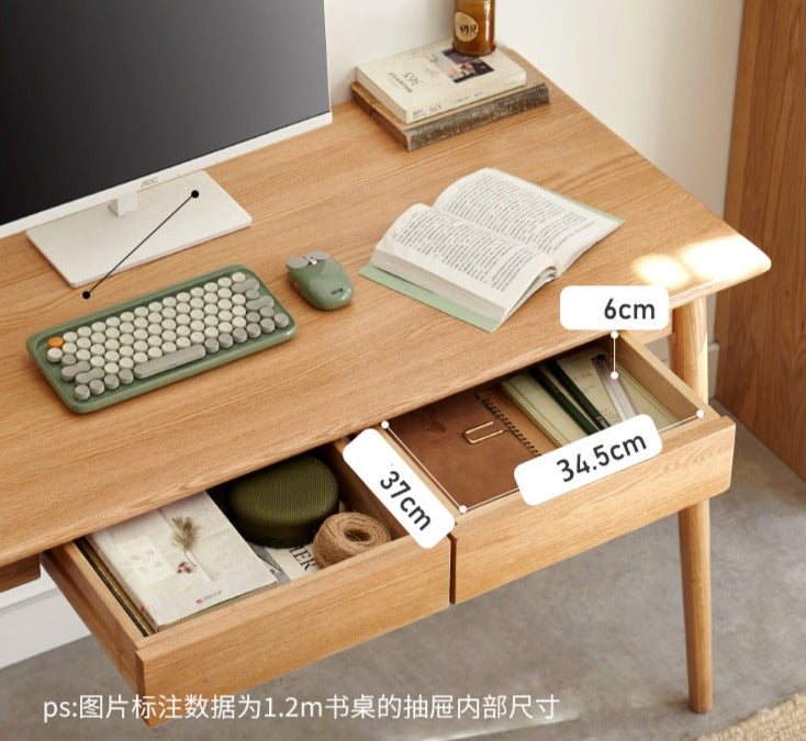 Solid Oak Wood Office Desk with Spindle-Shaped Slanted Legs - Modern Home Office Furniture for Work & Study