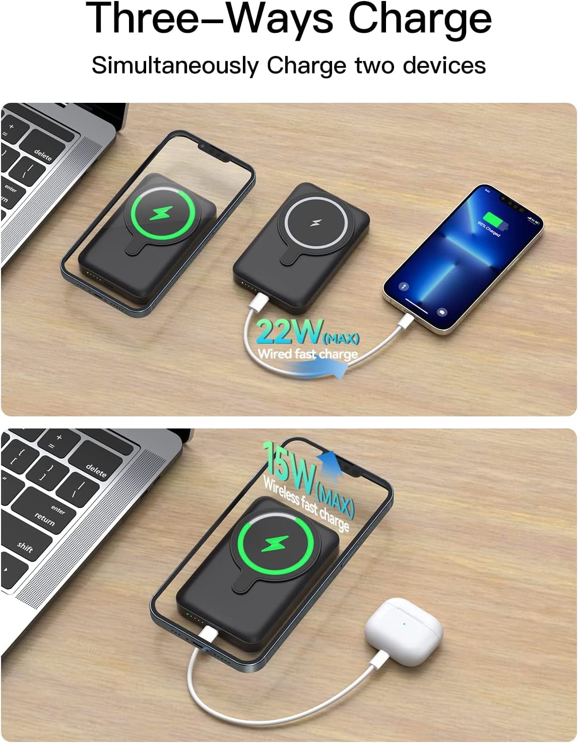 10000mAh Magnetic Wireless Portable Charger - 15W Fast Charging Power Bank with Foldable Stand | PD 22W USB-C | Compatible with iPhone 16/15/14/13/12 Pro Max/Plus/Mini | Perfect for Travel, Office & Home Use - Black