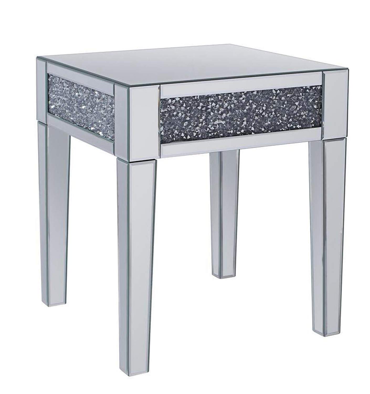Benjara Wood and Mirror End Table with Faux Crystals Inlay - Clear Glass Accent Table for Living Room, Bedroom & Entryway Decor