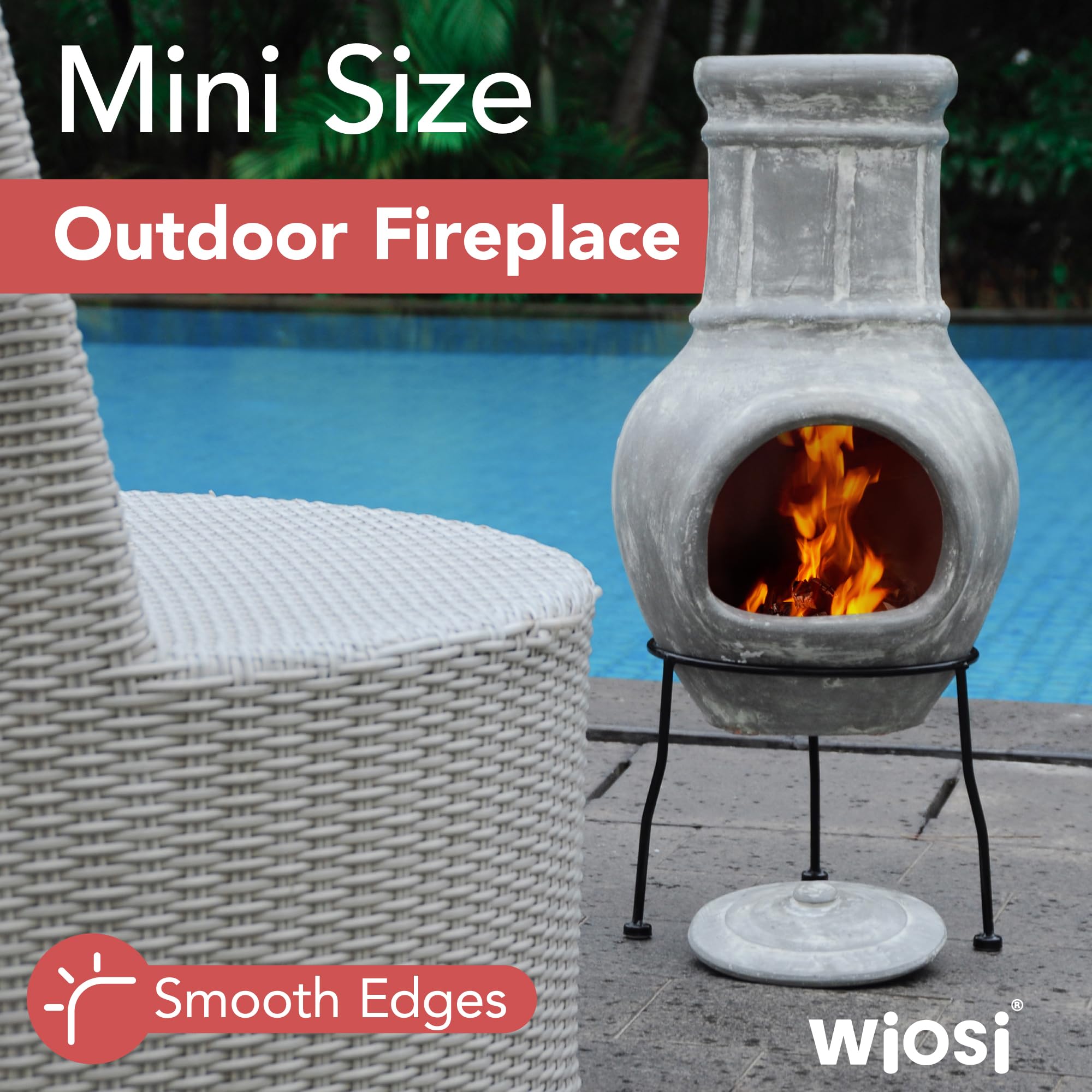Small Clay Chiminea Outdoor Fireplace - 12x12x27 Inch Rustic Terracotta Chimenea with Chimney Rain Lid & Metal Stand - Perfect for Patio, Garden, Backyard Fire Pit & Camping
