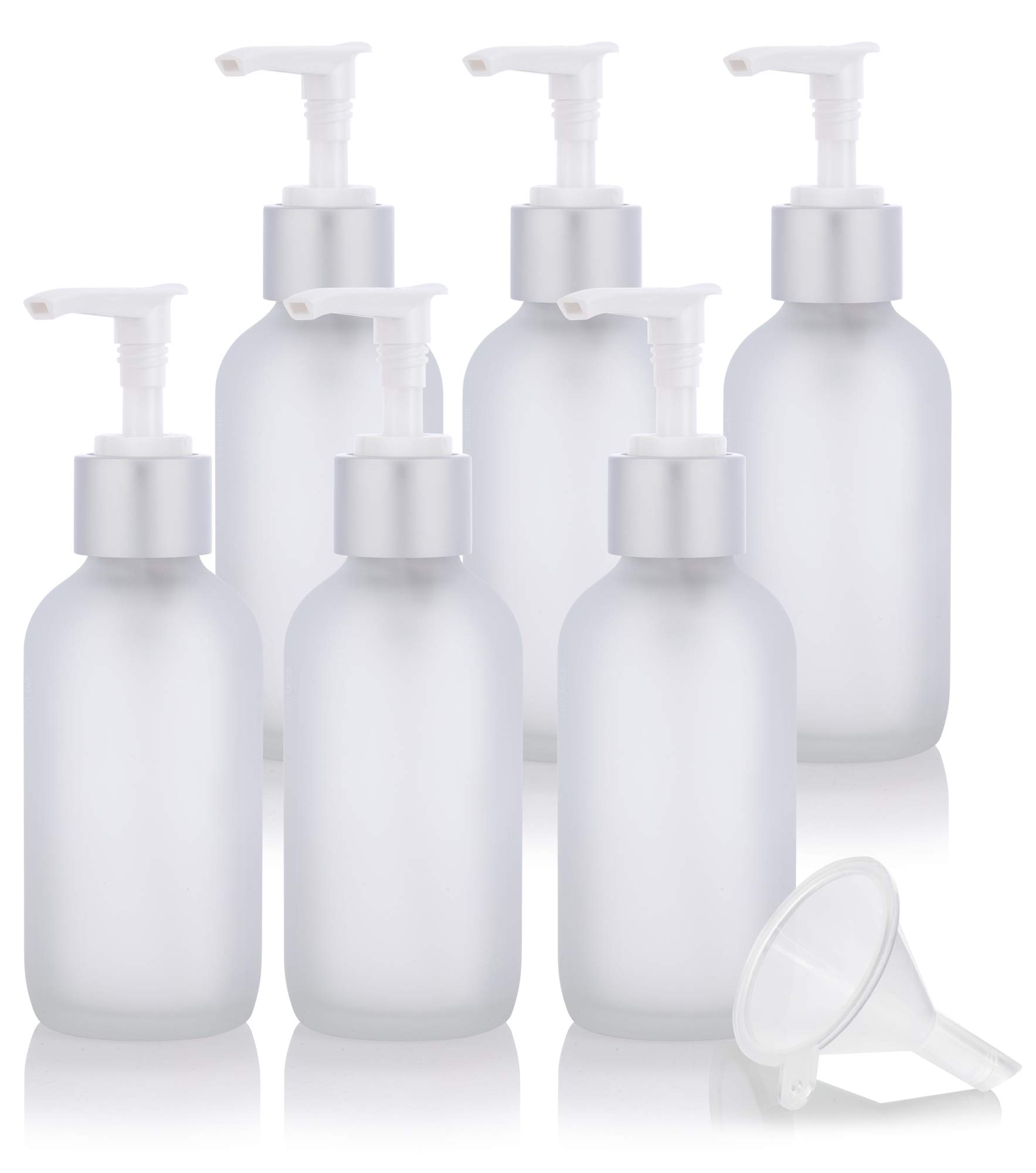 JUVITUS 4 oz Frosted Clear Glass Boston Round Bottle with Silver Lotion Pump (6 Pack) + Funnel - Perfect for Essential Oils, DIY Skincare, and Travel Toiletries Storage