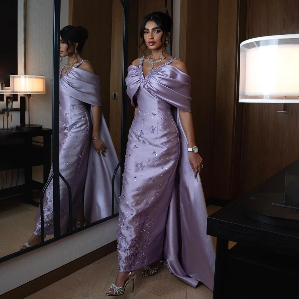 Elegant Lilac Off Shoulder Evening Dress with Detachable Cape & Beaded Details - LA72529 | Wedding Guest Dress, Prom Gown & Special Occasion Party Dress
