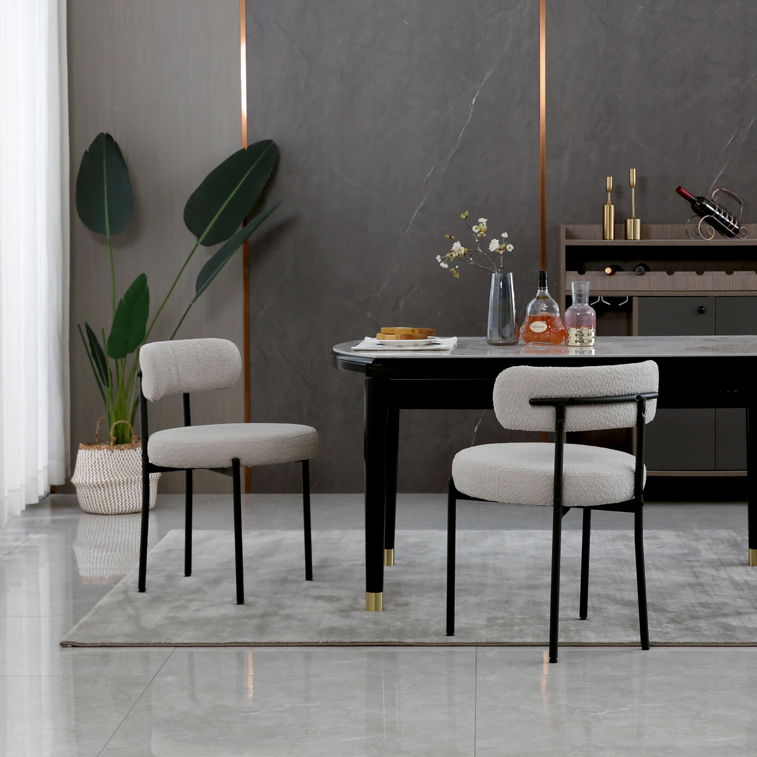 Light Grey Upholstered Boucle Dining Chairs Set of 2 - Mid-Century Modern Round Kitchen Chairs with Curved Backrest & Black Metal Legs - Perfect for Dining Room, Breakfast Nook & Small Space Decor