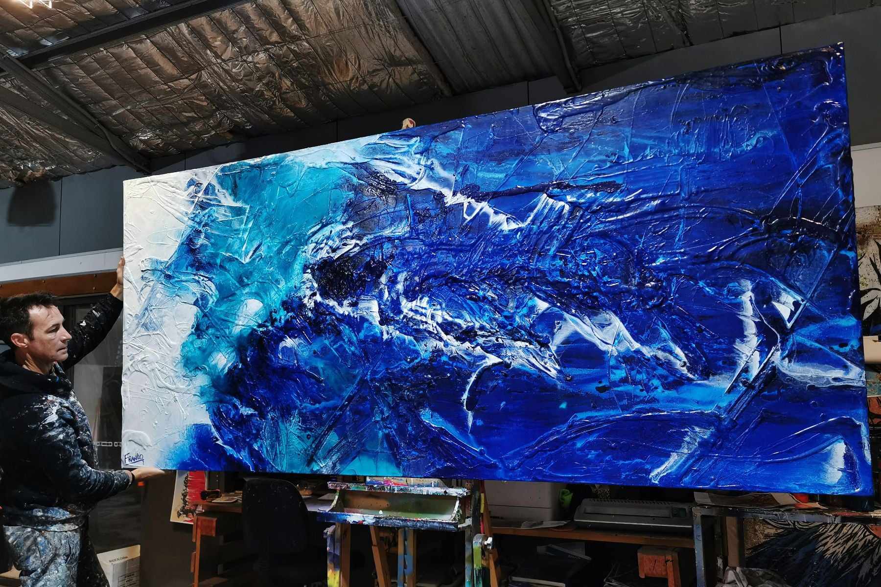 Azure Royalty 270cm x 120cm Blue White Textured Abstract Canvas Art - Modern Wall Decor for Living Room, Bedroom & Office