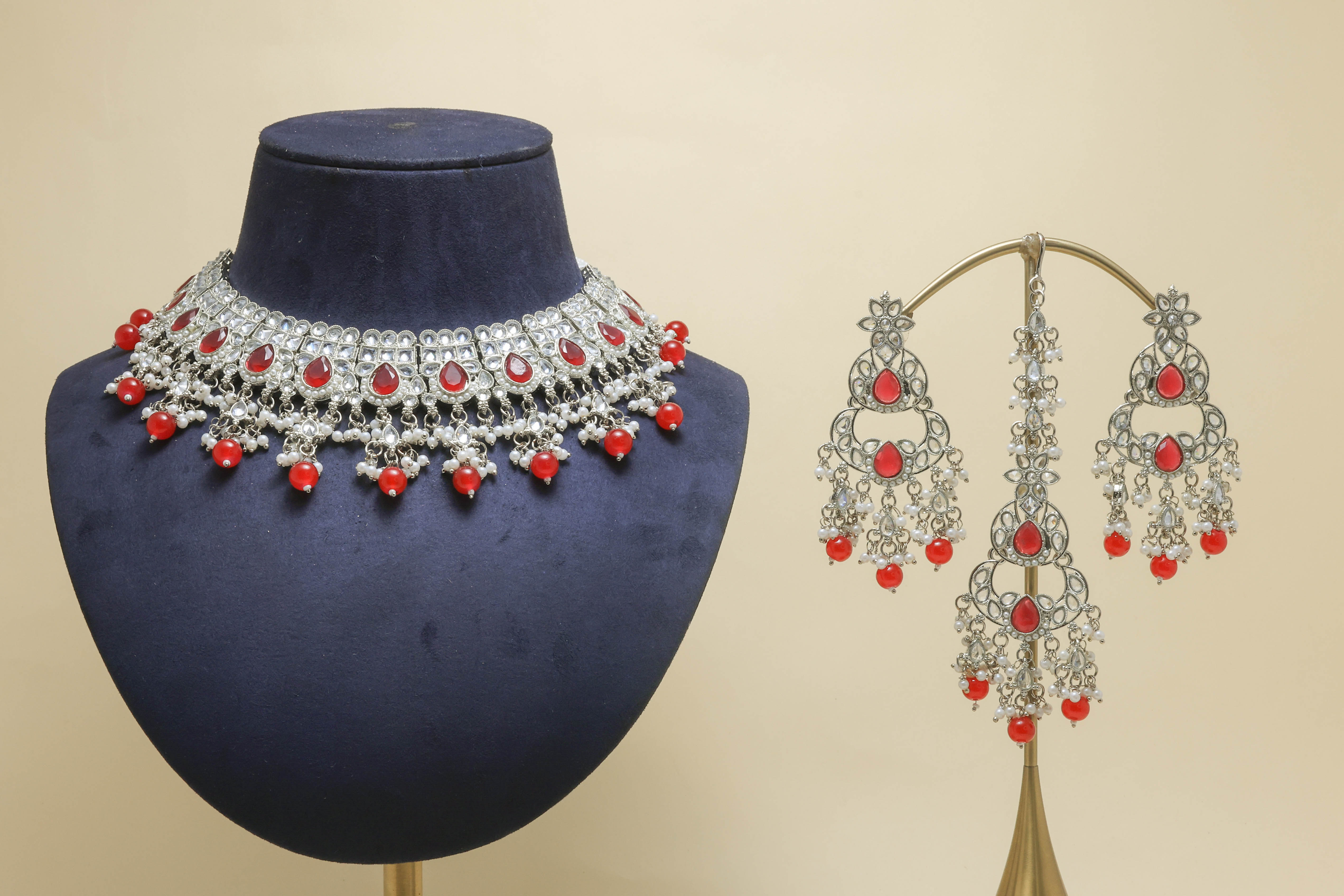 AKSHARA POLKI Full Set Jewelry - Traditional Indian Kundan Necklace, Earrings & Bracelet Set for Weddings, Parties & Festive Occasions