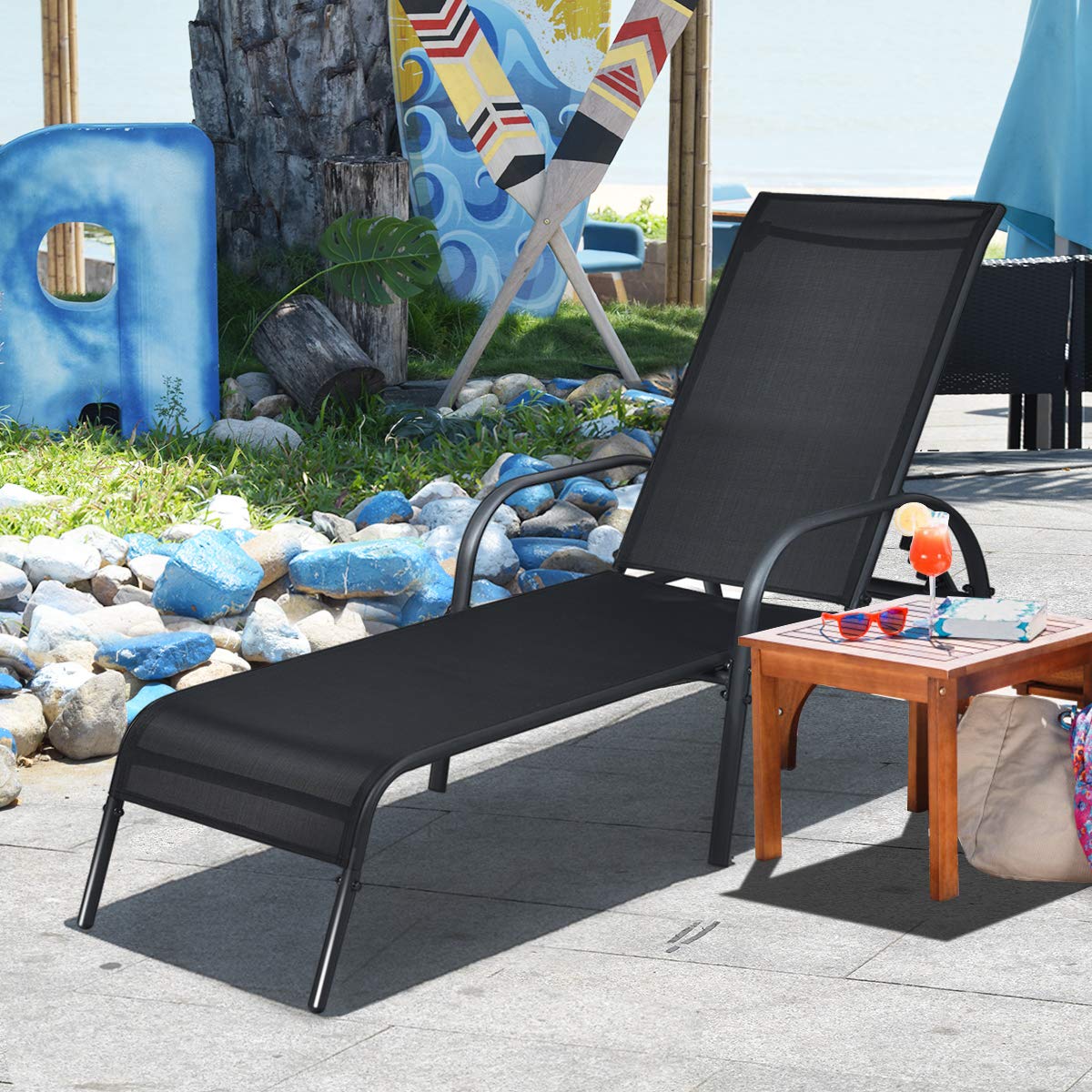 Giantex Adjustable Patio Lounge Chair - 5-Position Reclining Outdoor Chaise with Sturdy Steel Frame - Perfect for Sunbathing, Beach, Poolside, Backyard & Balcony Relaxation - Black