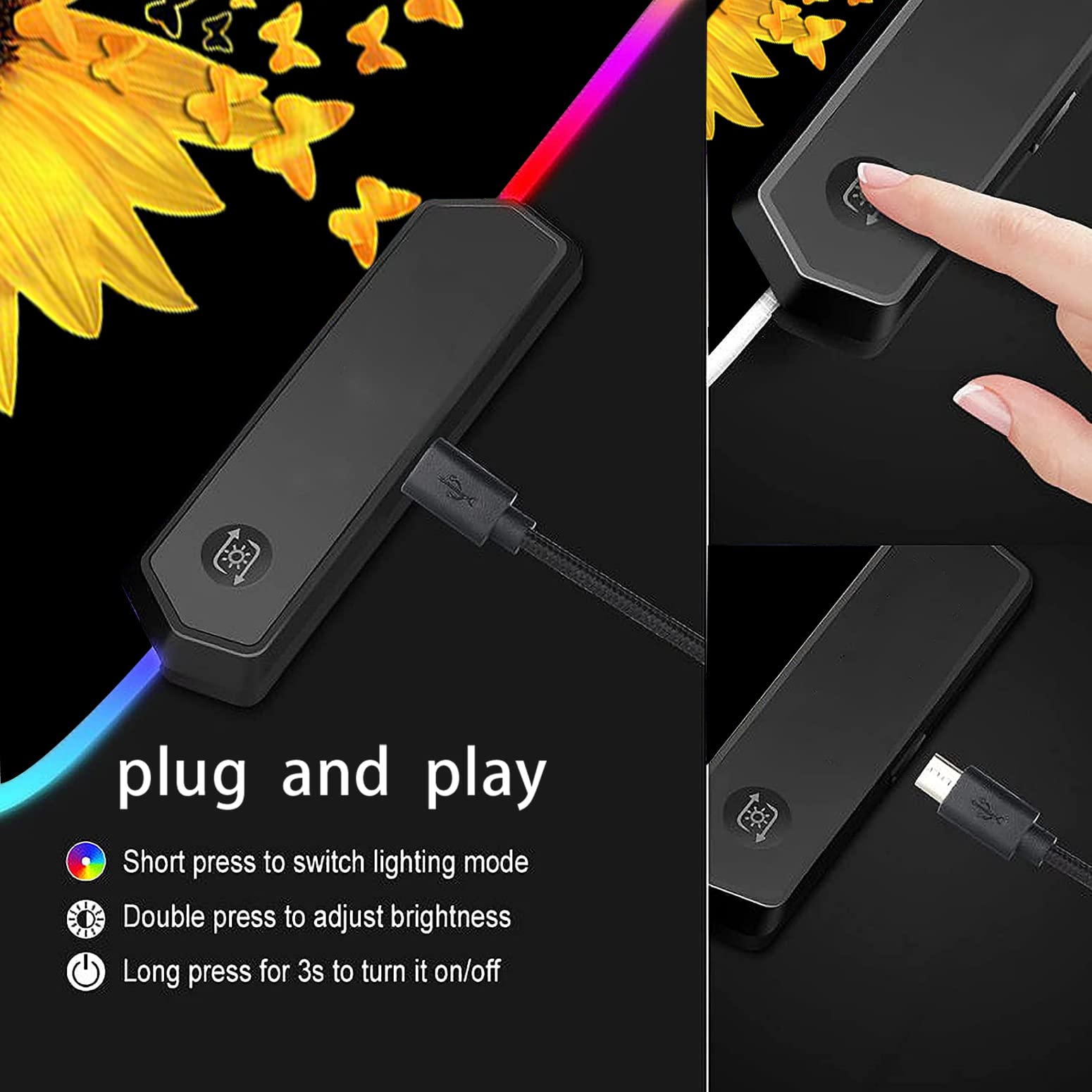 RGB Gaming Mouse Pad - Large LED Light-Up Desk Mat with Non-Slip Waterproof Surface for PC Gaming, Office Work & Home Use | Sunflower Butterfly Design