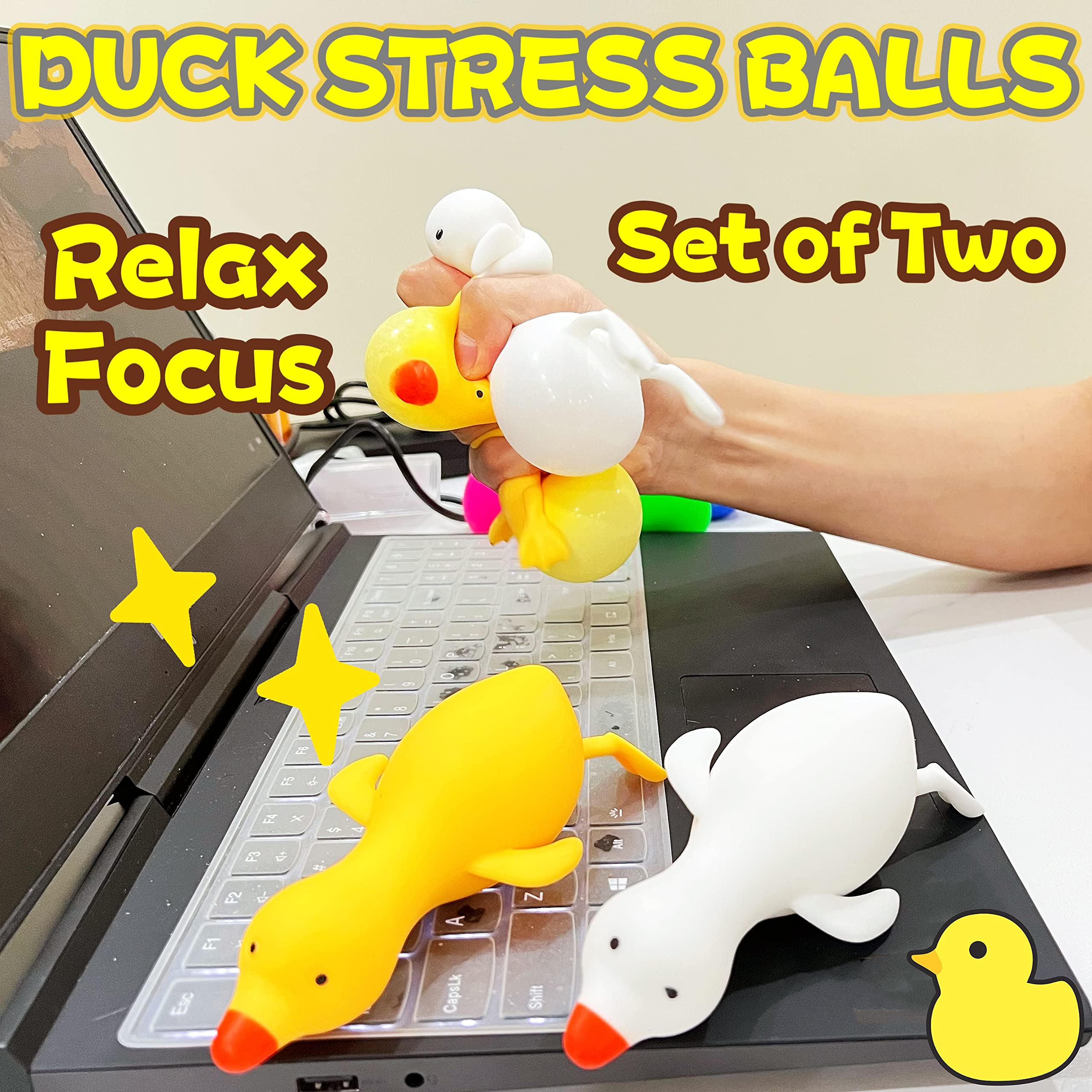 Stress Relief Squishy Fidget Toys - Set of 2 Duck-Shaped Squeeze Balls for Kids & Adults | Anxiety Relief Animal Dough Balls for Boys & Girls | Soft Squishy Stress Balls for Office, Classroom & Home Use